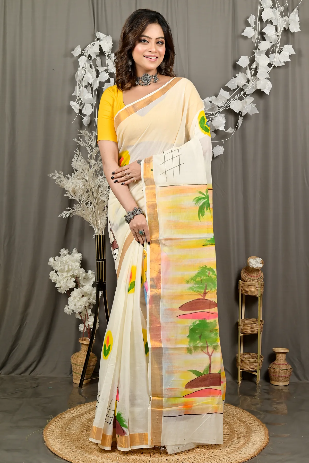 DipDiya Pure Cotton Multi-Coloured Hataka Weaves with a Storys Hand Painted Sarees