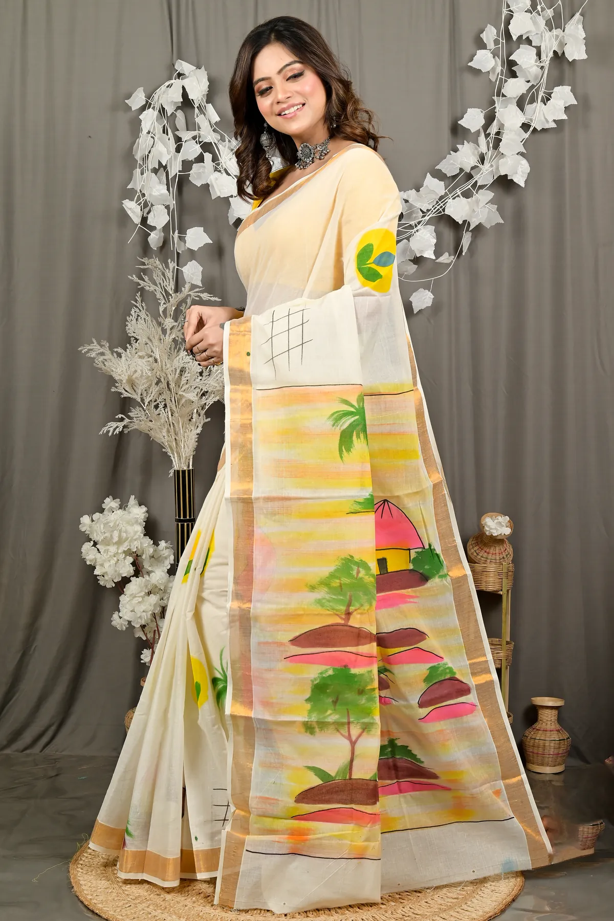 DipDiya Pure Cotton Multi-Coloured Hataka Weaves with a Storys Hand Painted Sarees