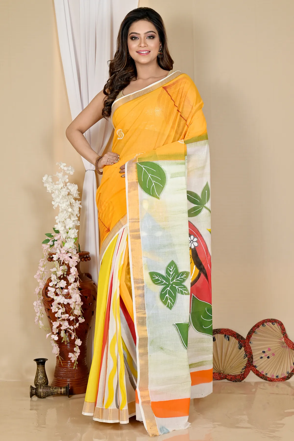 DipDiya Pure Cotton Multi-Coloured Hataka Woven with Love Hand Painted Sarees