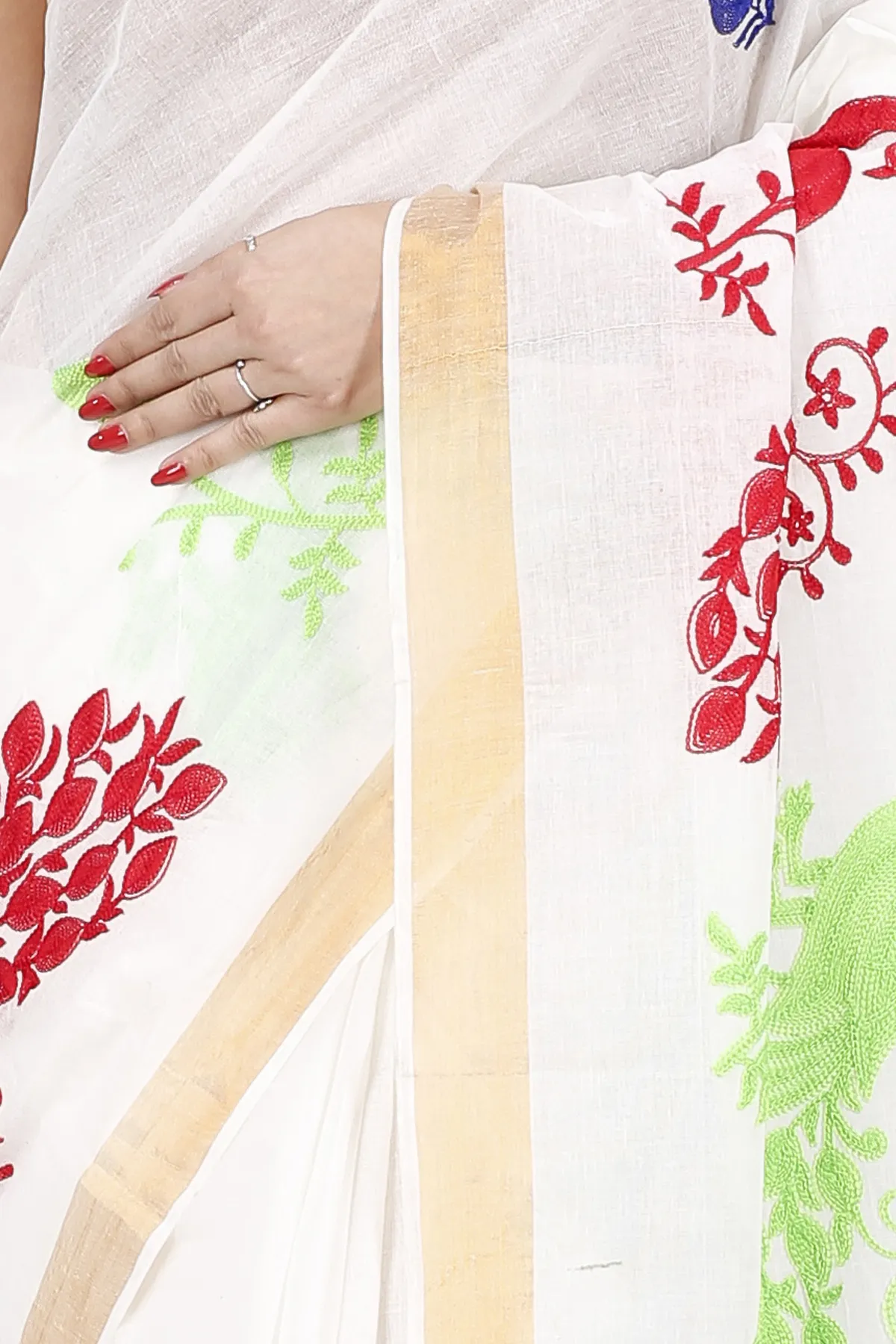DipDiya Pure Cotton Multi-Coloured Leo Classic Bengali Embroidery Tant Sarees