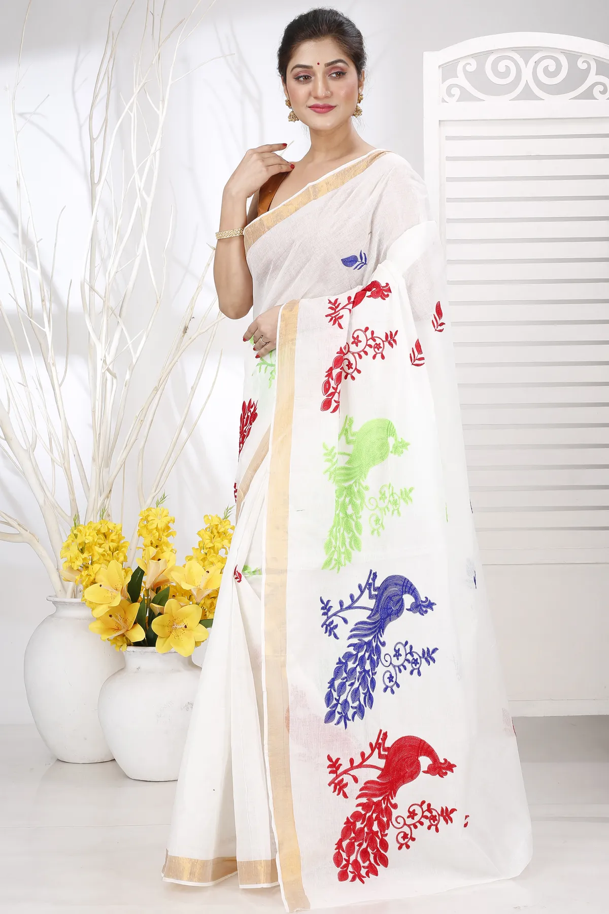 DipDiya Pure Cotton Multi-Coloured Leo Classic Bengali Embroidery Tant Sarees