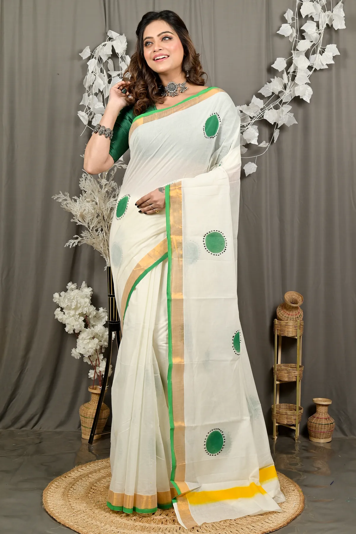 DipDiya Pure Cotton Multi Hataka Traditional Bengali Hand Painted Sarees
