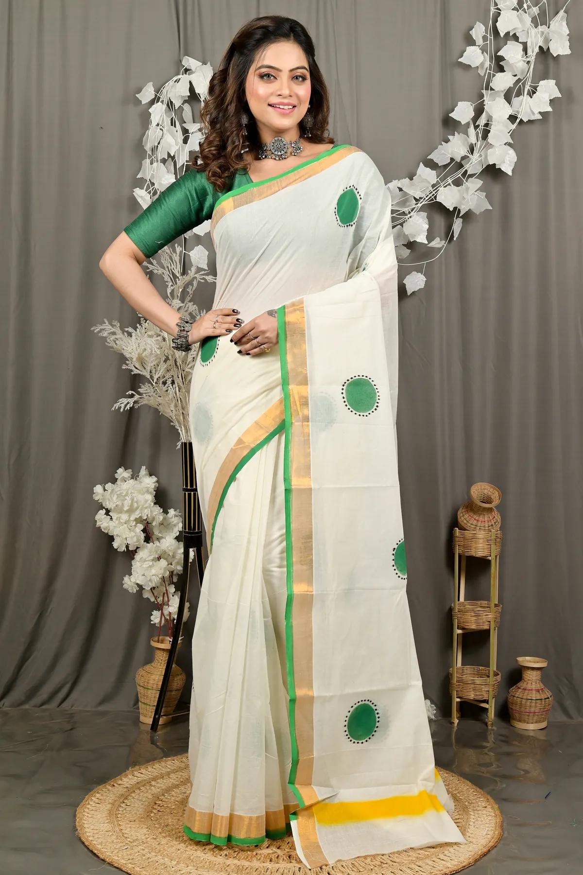 DipDiya Pure Cotton Multi Hataka Traditional Bengali Hand Painted Sarees