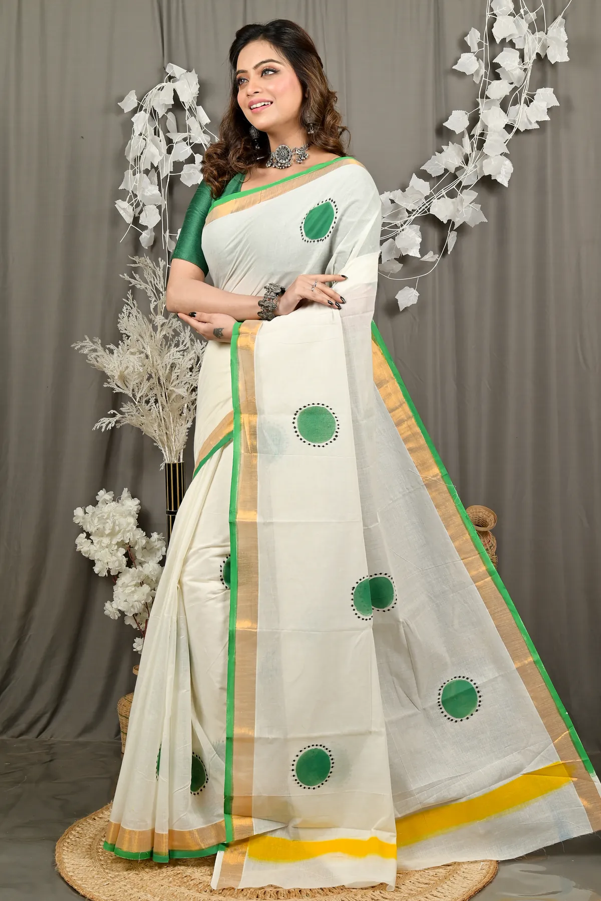 DipDiya Pure Cotton Multi Hataka Traditional Bengali Hand Painted Sarees