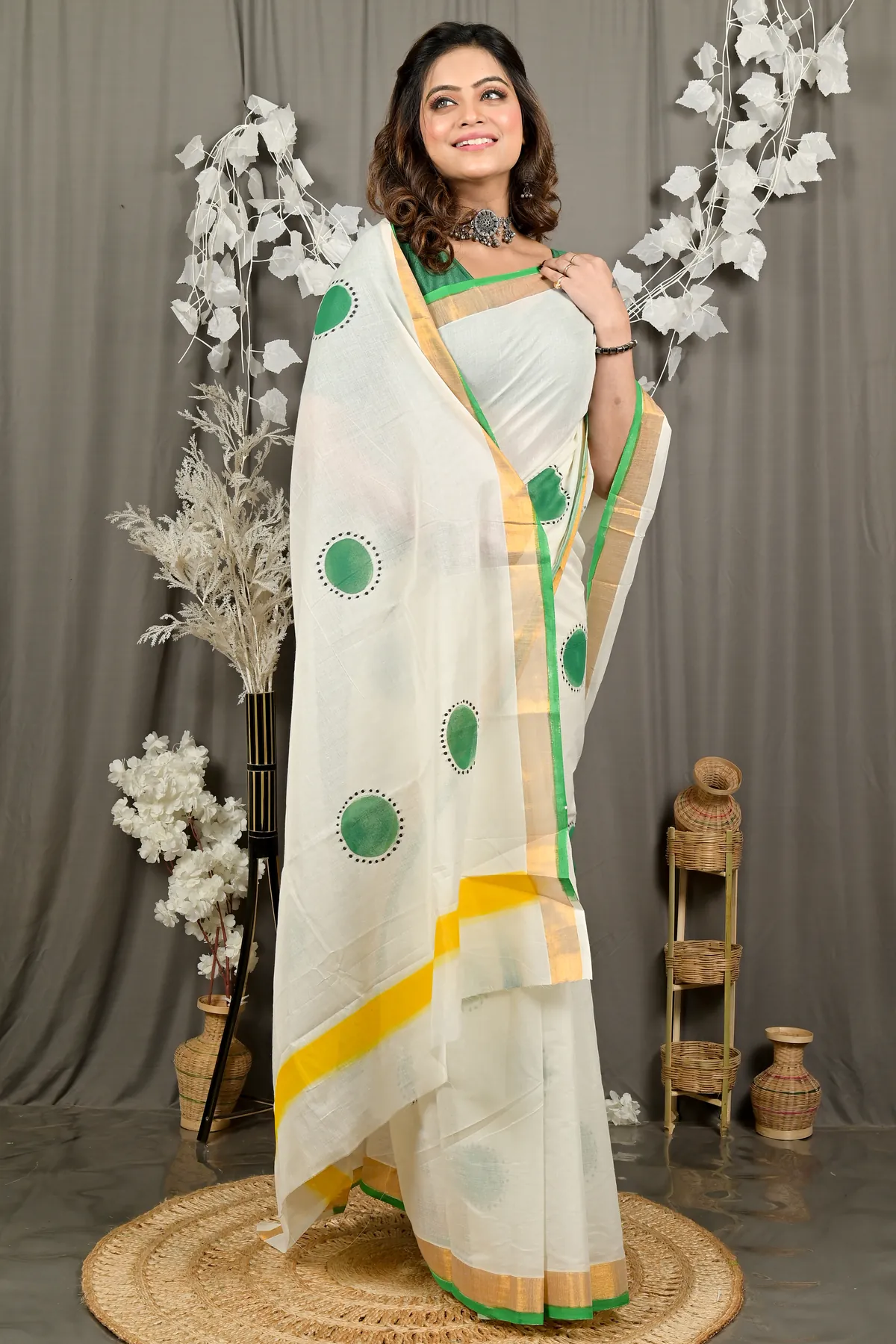DipDiya Pure Cotton Multi Hataka Traditional Bengali Hand Painted Sarees