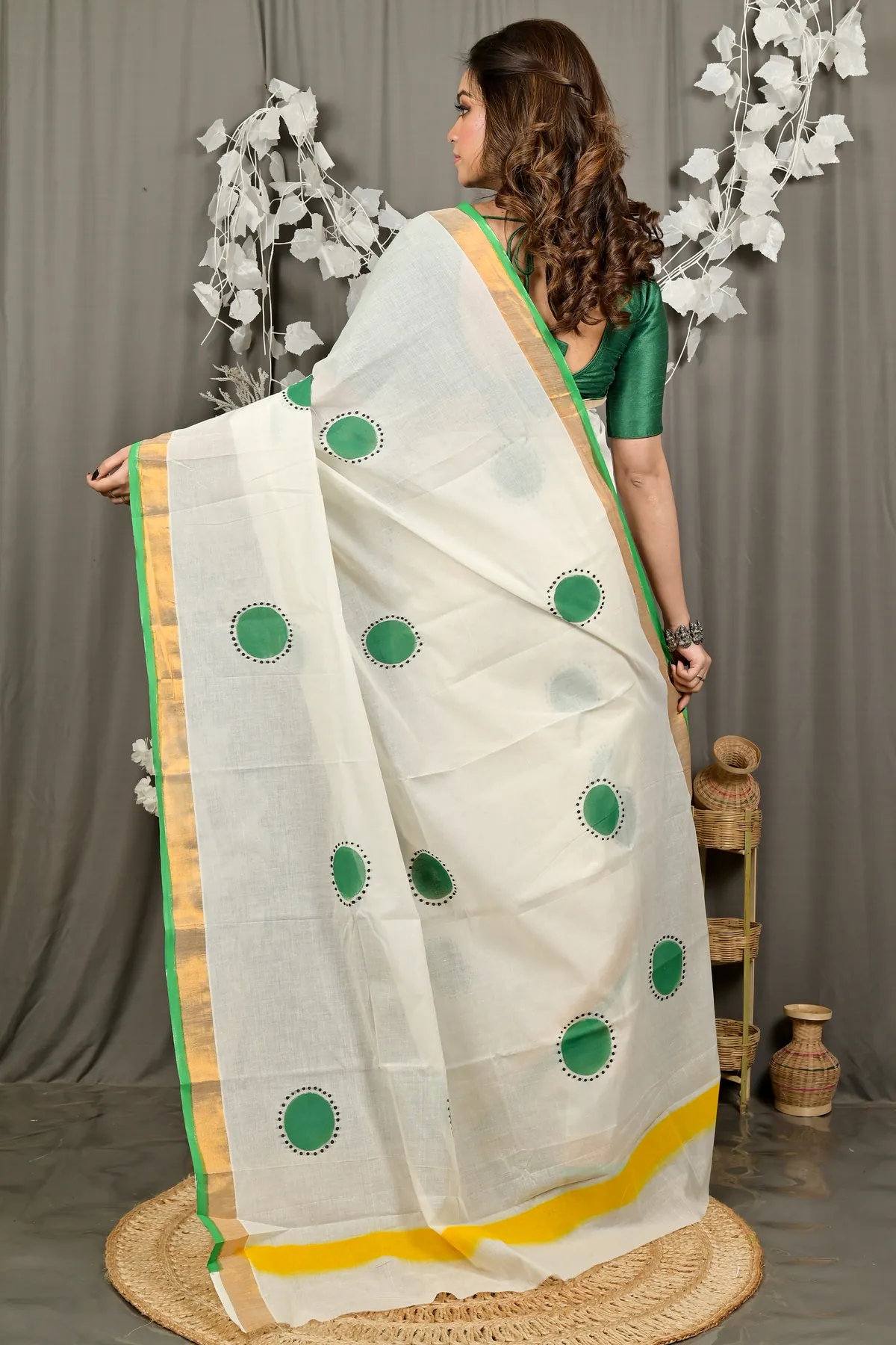 DipDiya Pure Cotton Multi Hataka Traditional Bengali Hand Painted Sarees