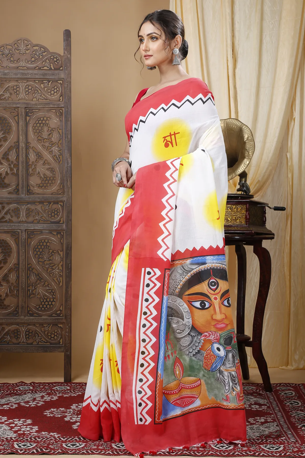 DipDiya Pure Cotton Multycolor Durga Pure Bengali Grace Printed Handloom Sarees