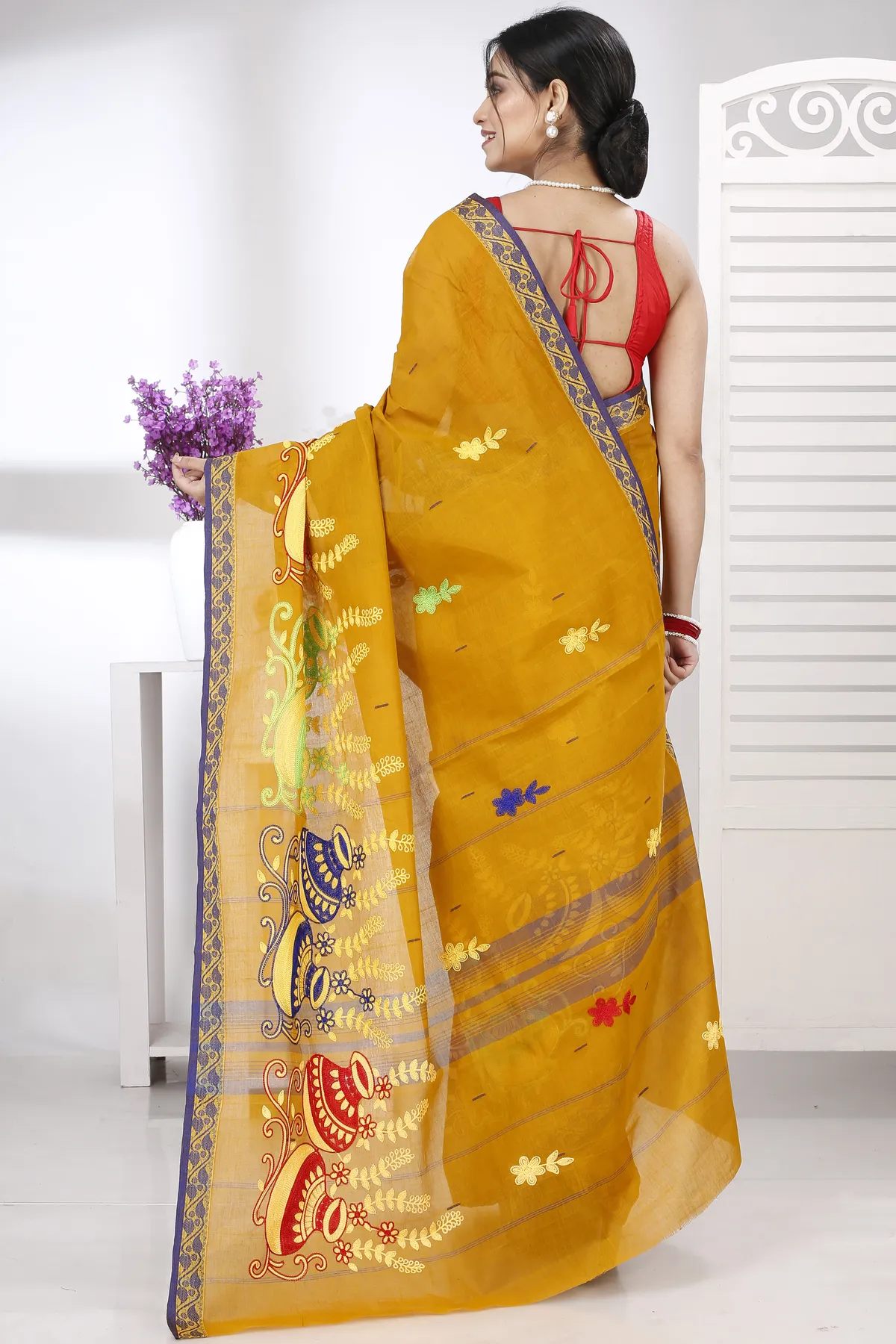 DipDiya Pure Cotton Mustard Yellow Embi Gaela Ghot Wrapped in Heritage Embroidery Tant Sarees