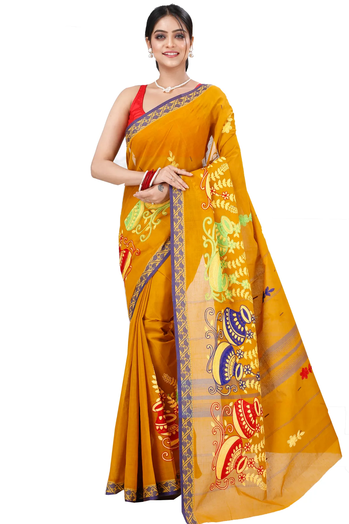 DipDiya Pure Cotton Mustard Yellow Embi Gaela Ghot Wrapped in Heritage Embroidery Tant Sarees