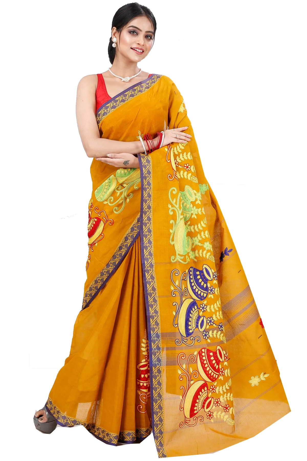 DipDiya Pure Cotton Mustard Yellow Embi Gaela Ghot Wrapped in Heritage Embroidery Tant Sarees