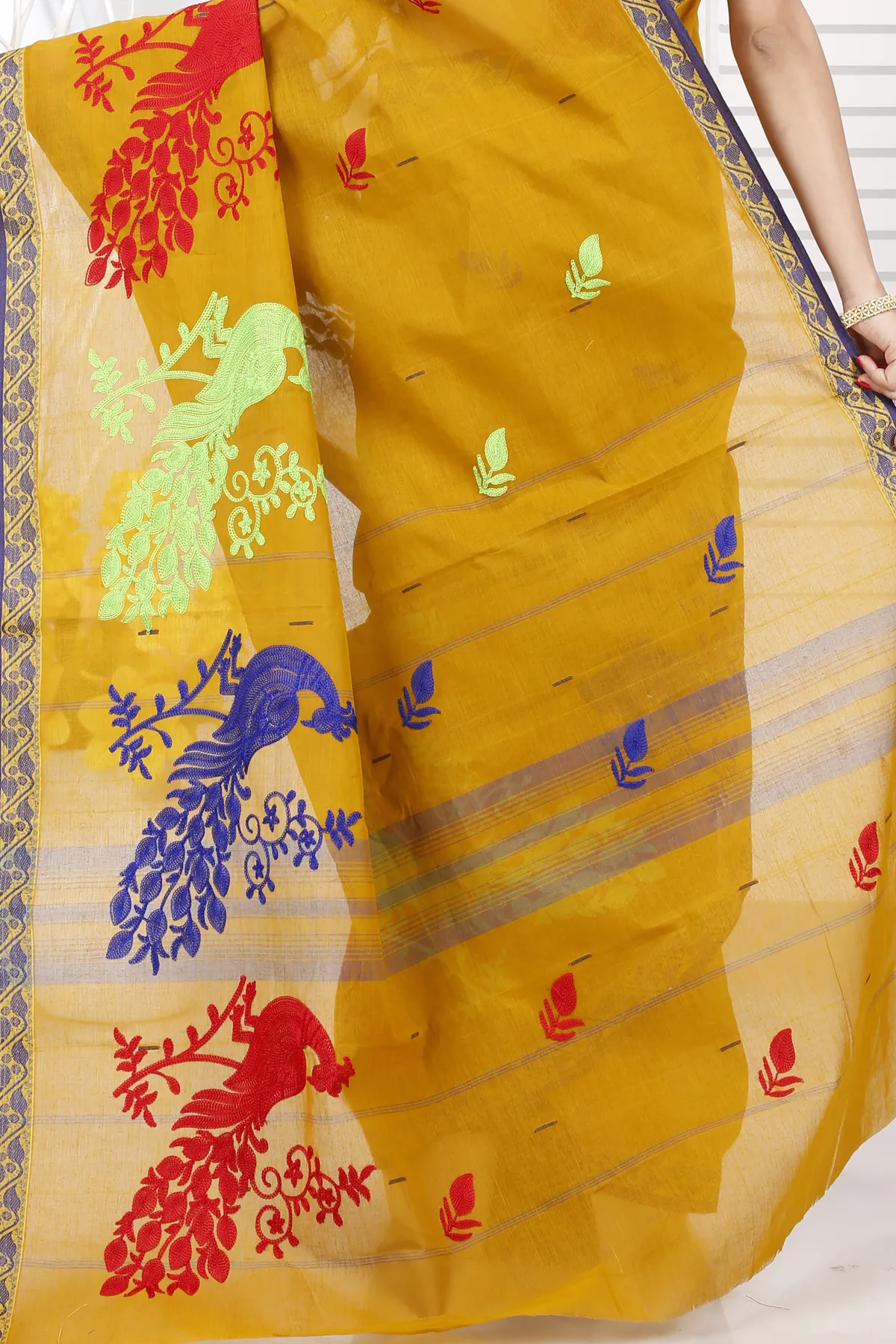 DipDiya Pure Cotton Mustard Yellow Embi Gaela Moyur Bengal’s Tradition Embroidery Tant Sarees