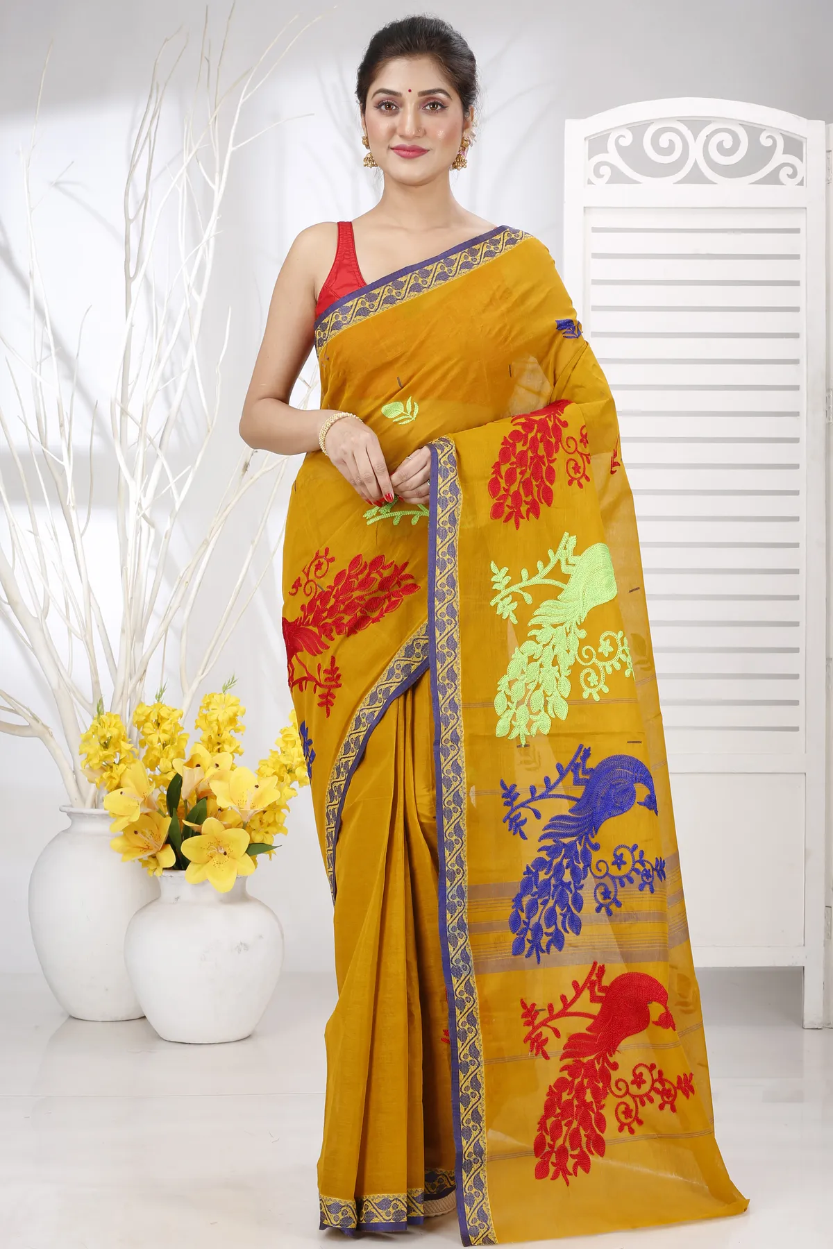 DipDiya Pure Cotton Mustard Yellow Embi Gaela Moyur Bengal’s Tradition Embroidery Tant Sarees