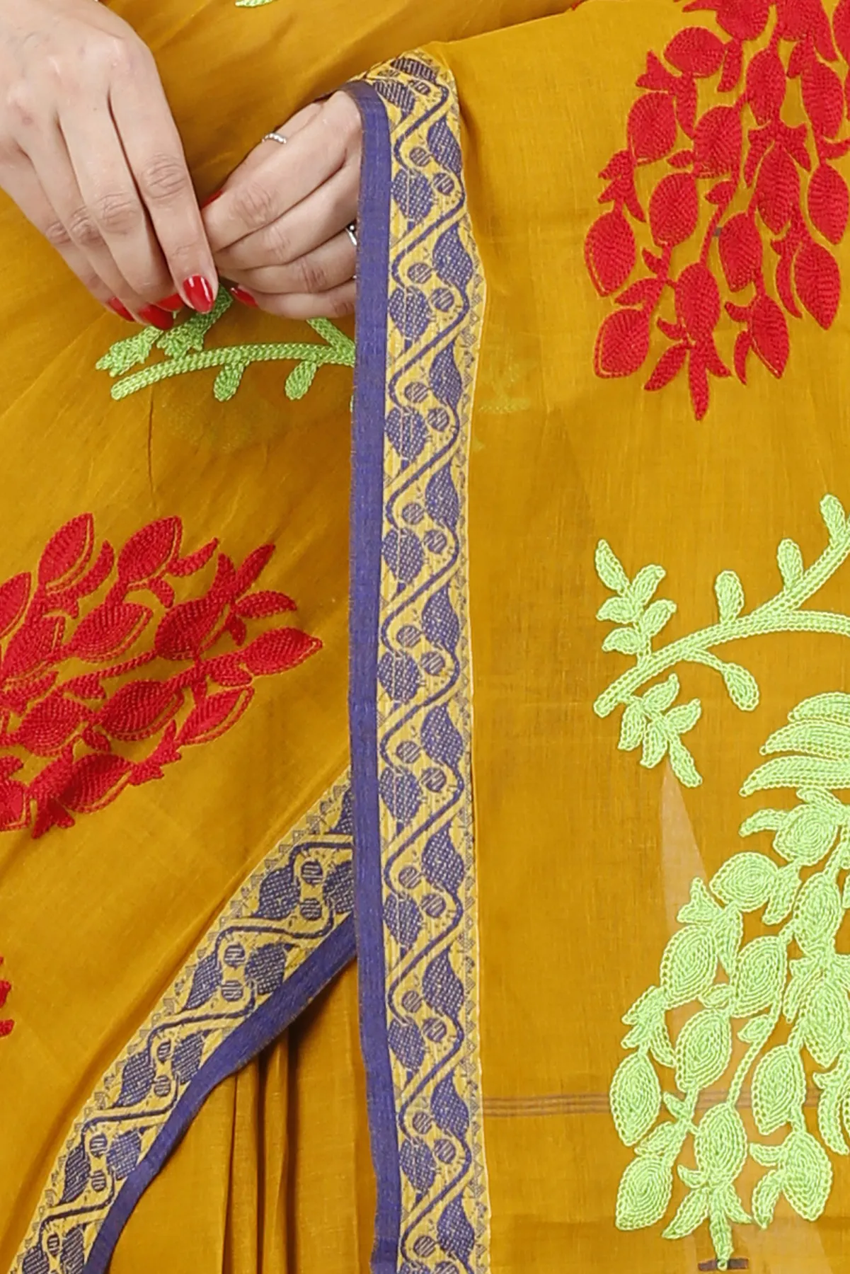 DipDiya Pure Cotton Mustard Yellow Embi Gaela Moyur Bengal’s Tradition Embroidery Tant Sarees