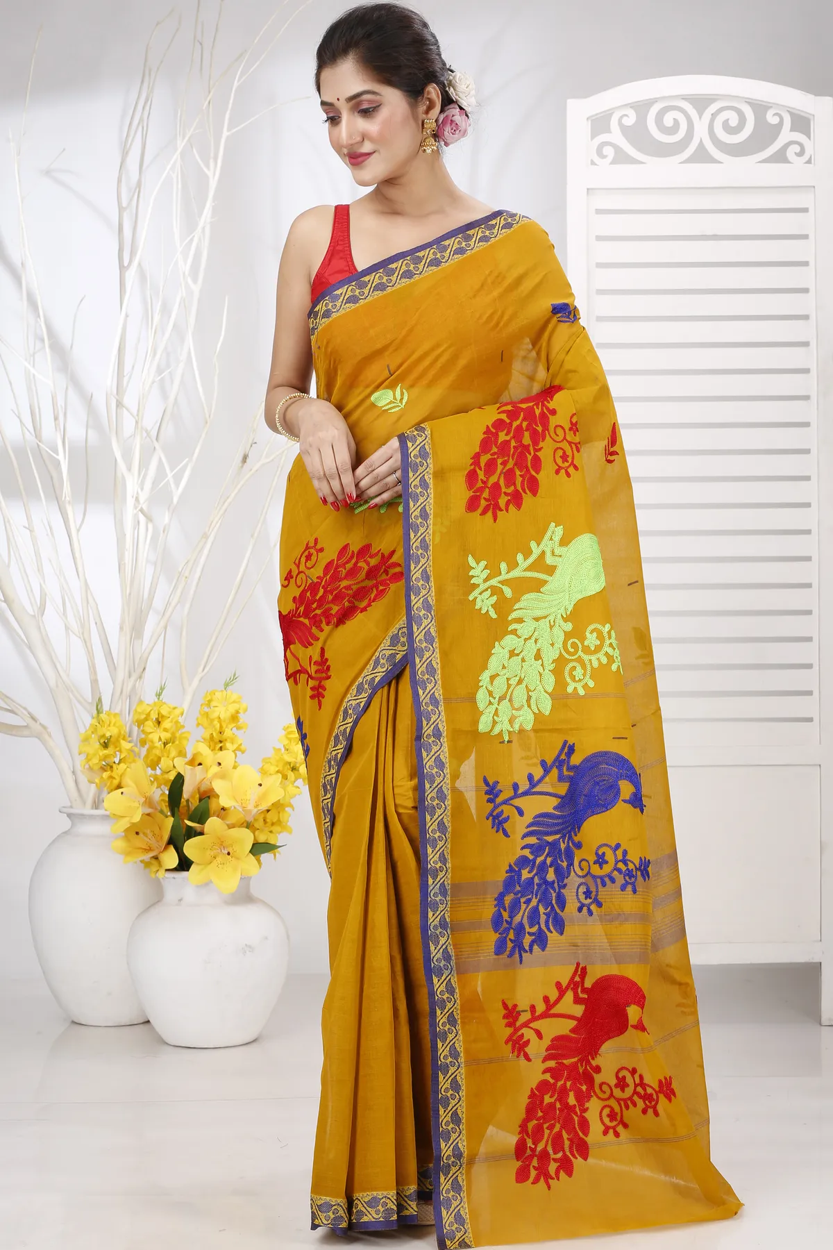 DipDiya Pure Cotton Mustard Yellow Embi Gaela Moyur Bengal’s Tradition Embroidery Tant Sarees