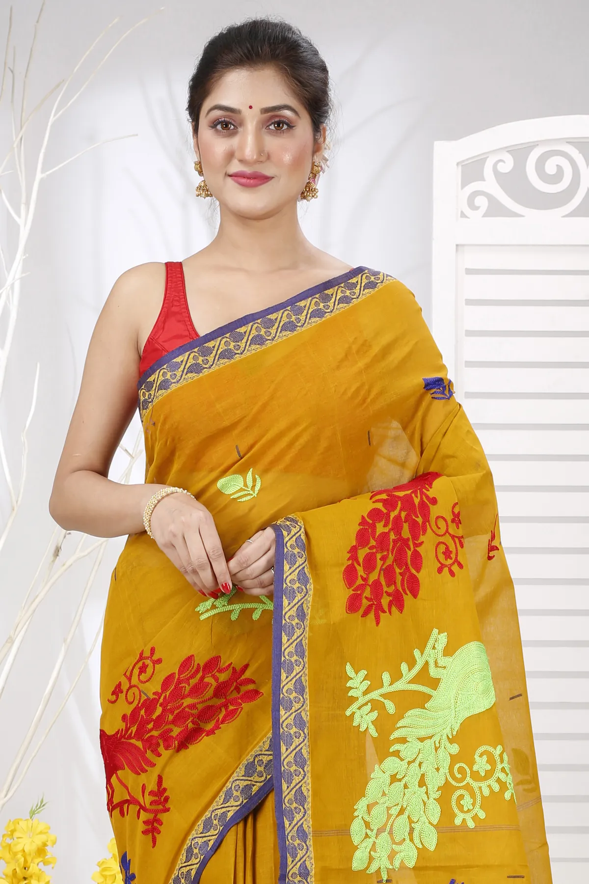 DipDiya Pure Cotton Mustard Yellow Embi Gaela Moyur Bengal’s Tradition Embroidery Tant Sarees