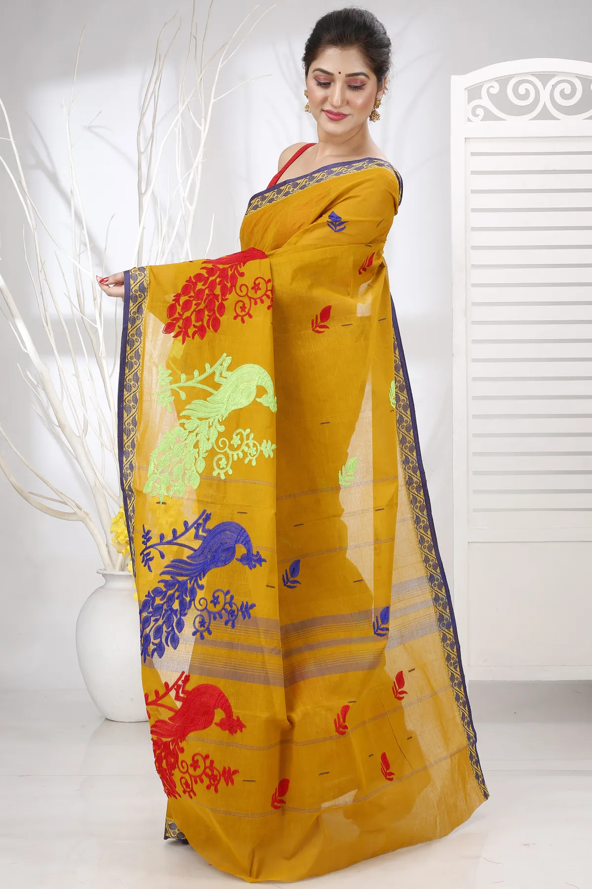 DipDiya Pure Cotton Mustard Yellow Embi Gaela Moyur Bengal’s Tradition Embroidery Tant Sarees