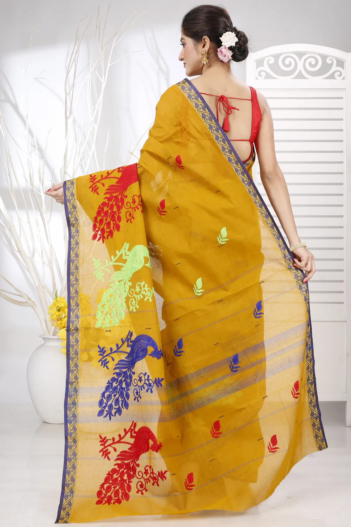 DipDiya Pure Cotton Mustard Yellow Embi Gaela Moyur Bengal’s Tradition Embroidery Tant Sarees