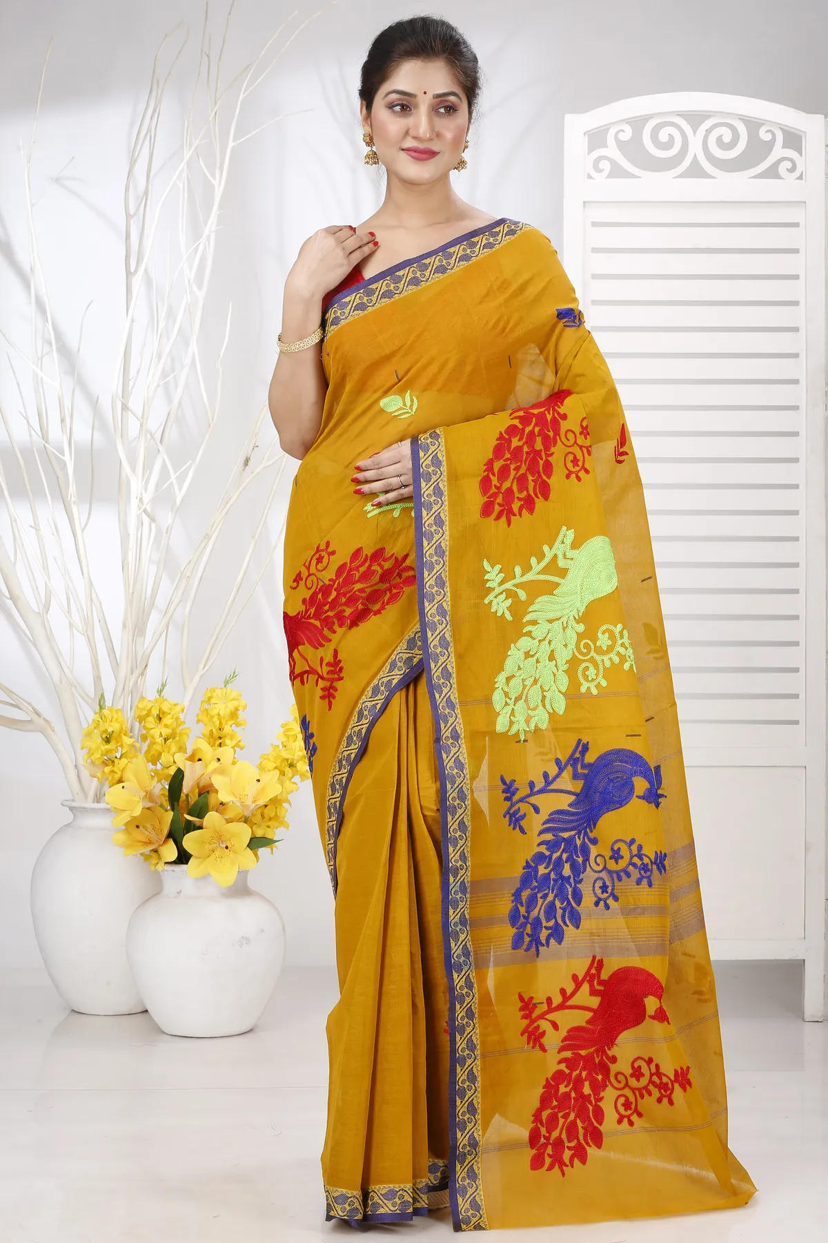 DipDiya Pure Cotton Mustard Yellow Embi Gaela Moyur Bengal’s Tradition Embroidery Tant Sarees