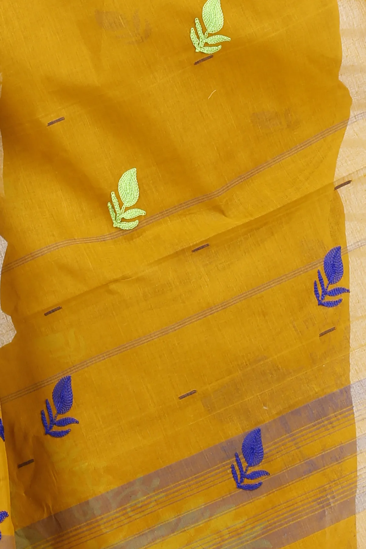 DipDiya Pure Cotton Mustard Yellow Embi Gaela Moyur Bengal’s Tradition Embroidery Tant Sarees