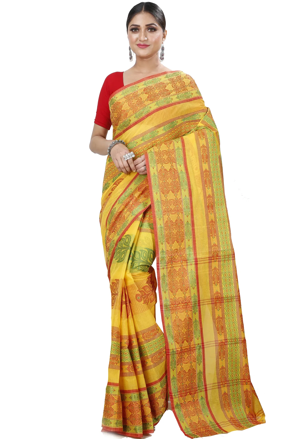 DipDiya Pure Cotton Muster Yellow Saanvi Desiging Crafted with Soul Tant Sarees