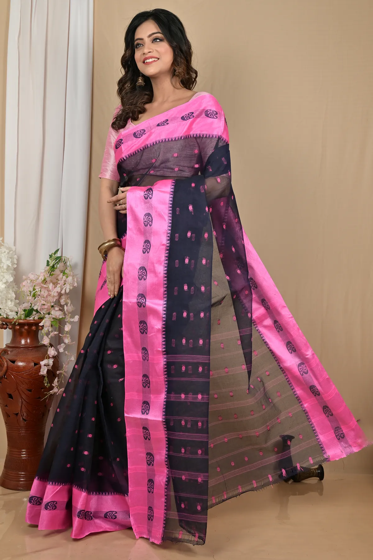DipDiya Pure Cotton Naby Blue Achma Bengal in Every Thread Tant Sarees