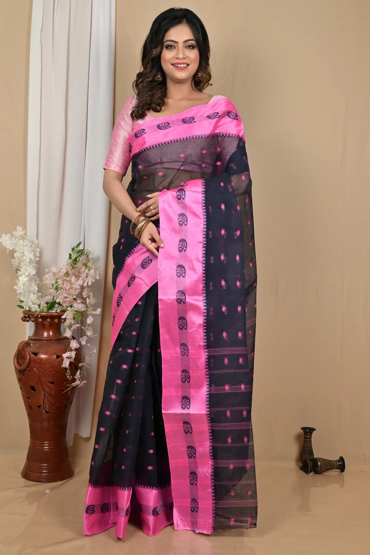 DipDiya Pure Cotton Naby Blue Achma Bengal in Every Thread Tant Sarees
