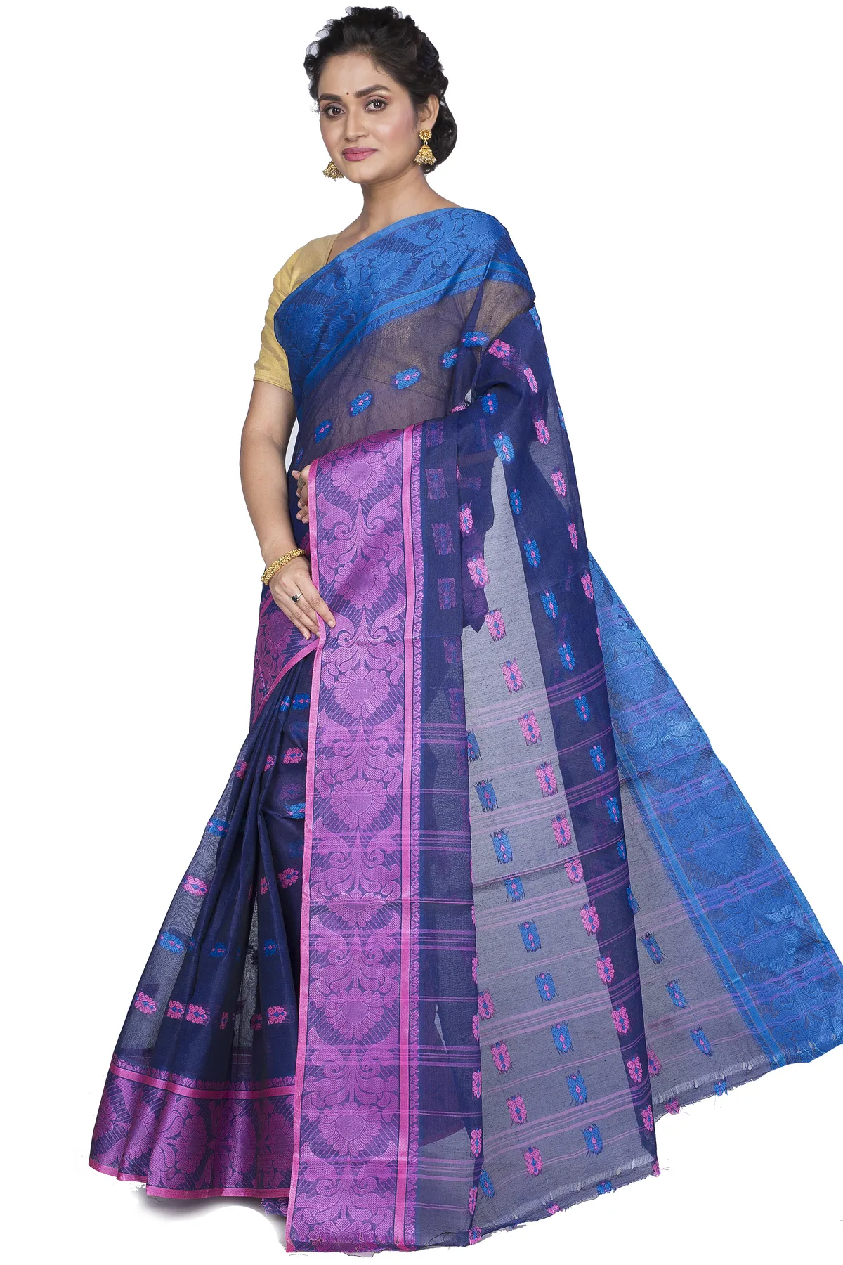 DipDiya Pure Cotton Naby Blue Akriti Stories of Bengal Tant Sarees