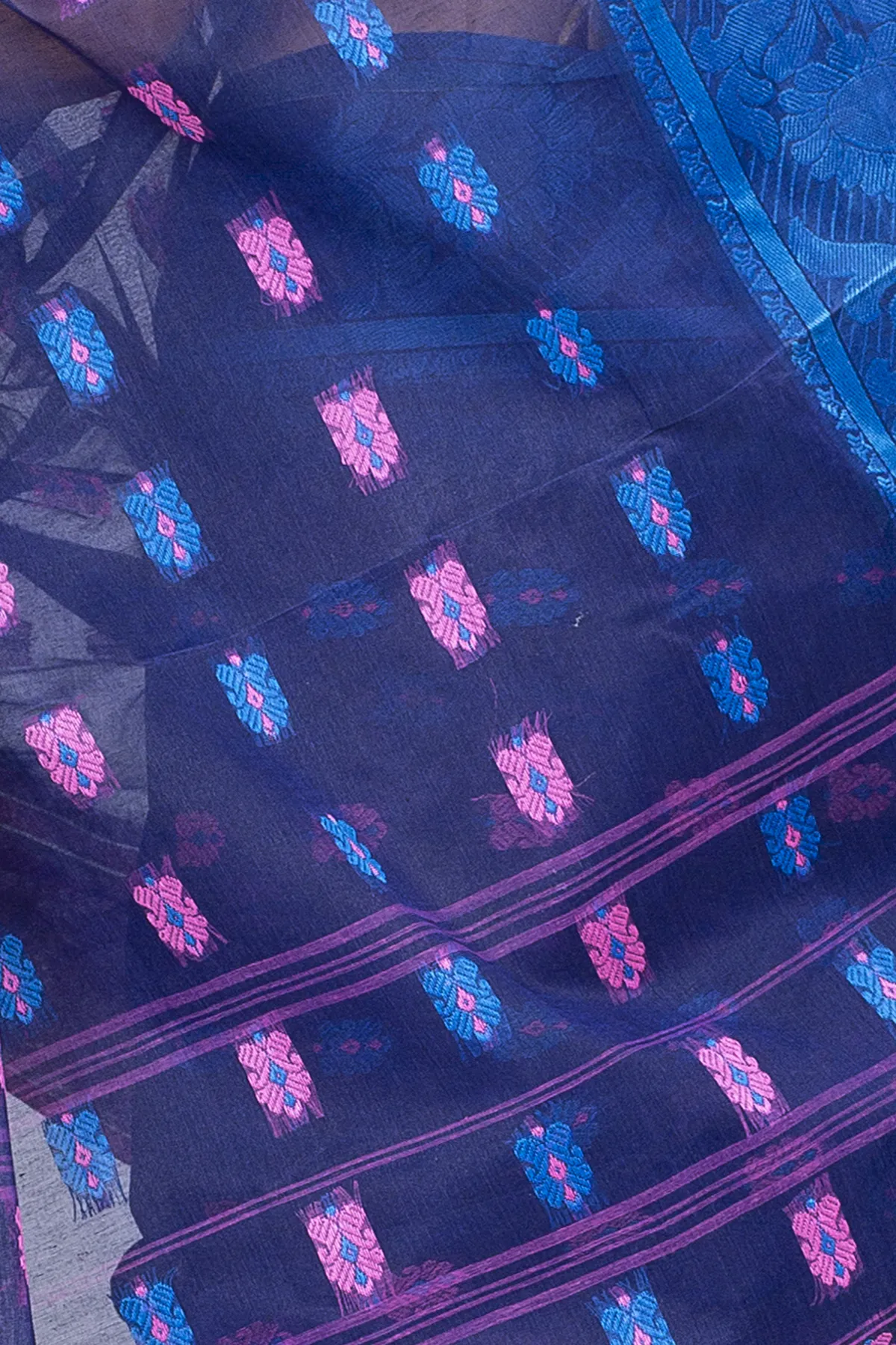 DipDiya Pure Cotton Naby Blue Akriti Stories of Bengal Tant Sarees