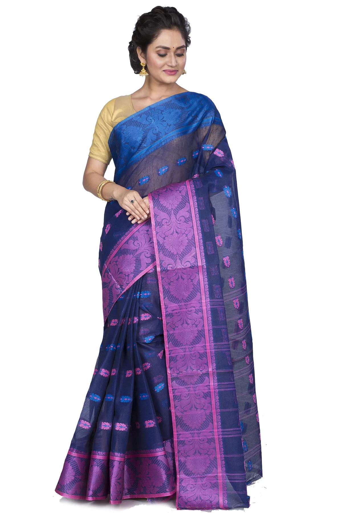 DipDiya Pure Cotton Naby Blue Akriti Stories of Bengal Tant Sarees