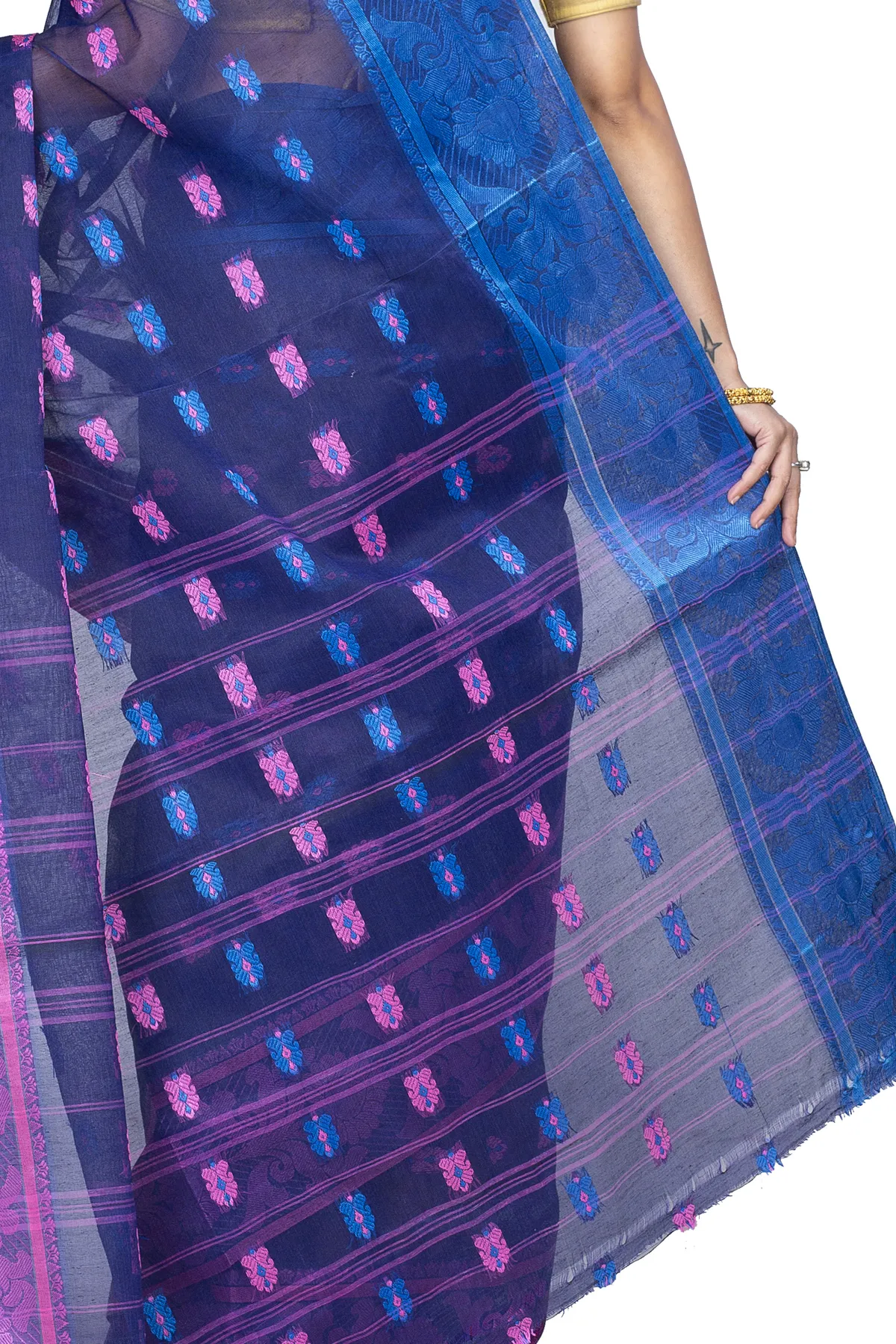 DipDiya Pure Cotton Naby Blue Akriti Stories of Bengal Tant Sarees