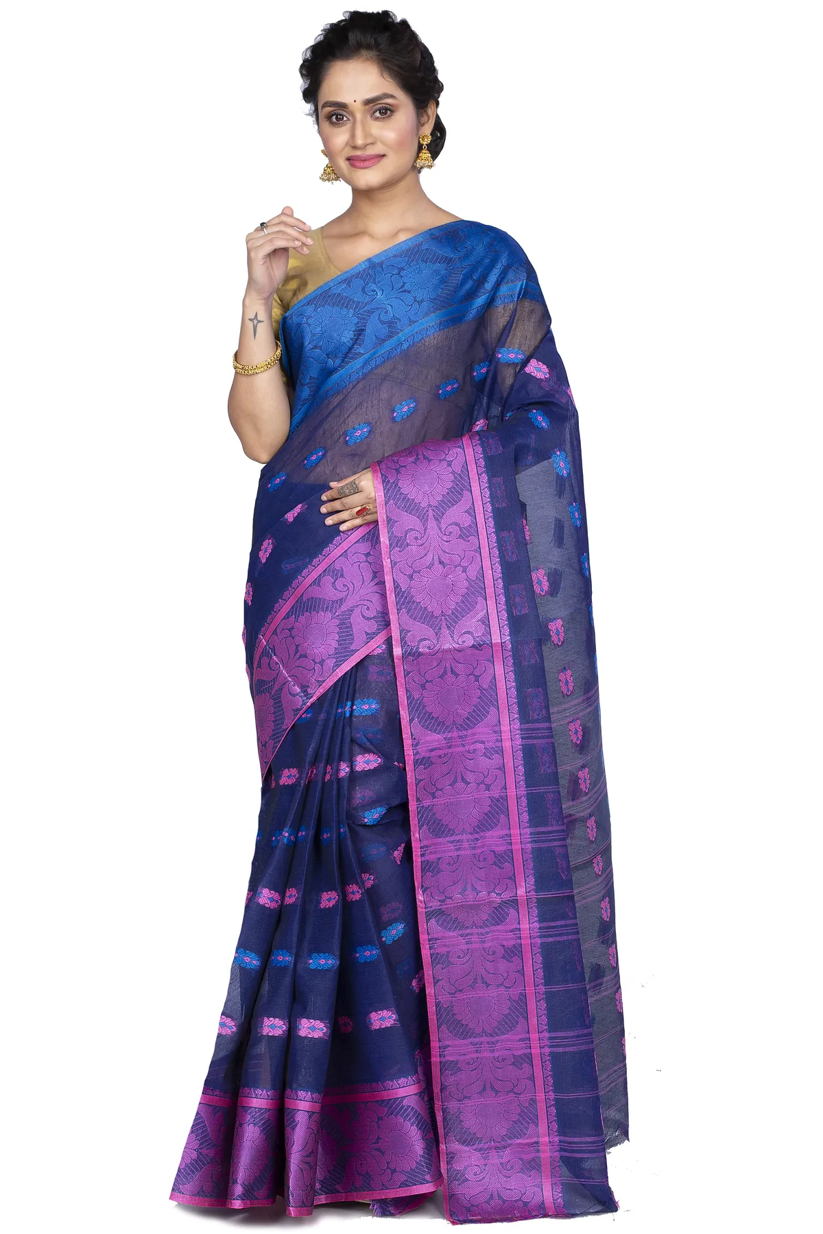 DipDiya Pure Cotton Naby Blue Akriti Stories of Bengal Tant Sarees