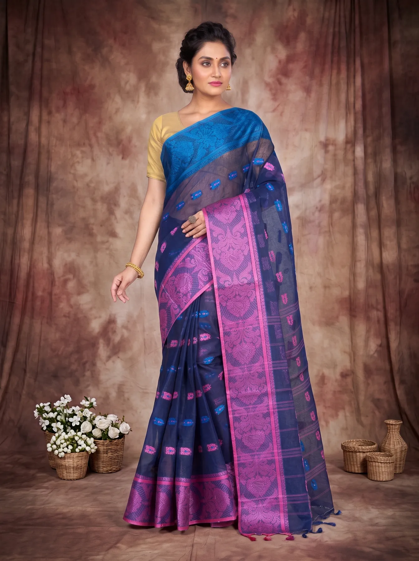 DipDiya Pure Cotton Naby Blue Akriti Stories of Bengal Tant Sarees
