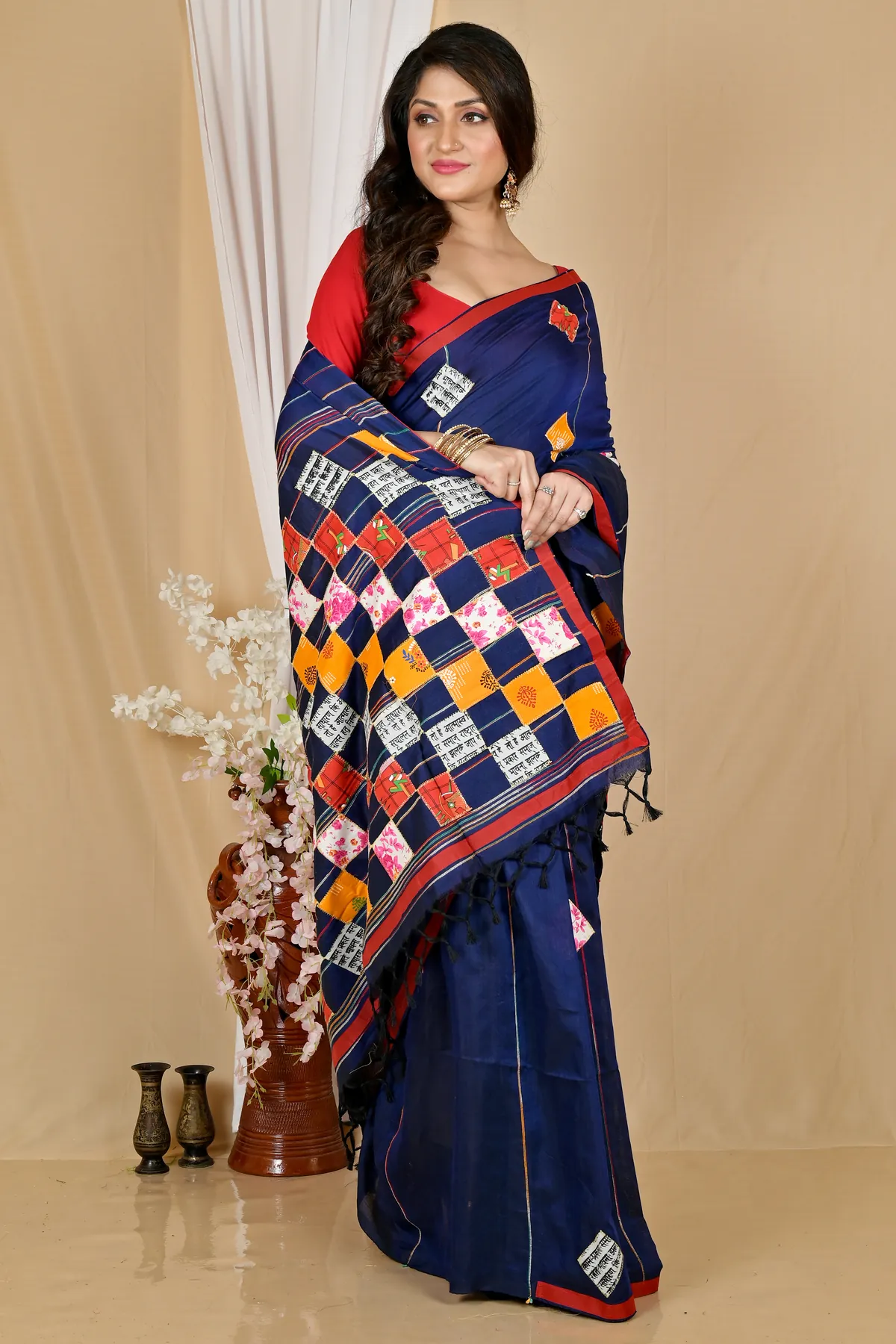 DipDiya Pure Cotton Naby Blue Aplika Tanu Crafted with Soul Applique Sarees