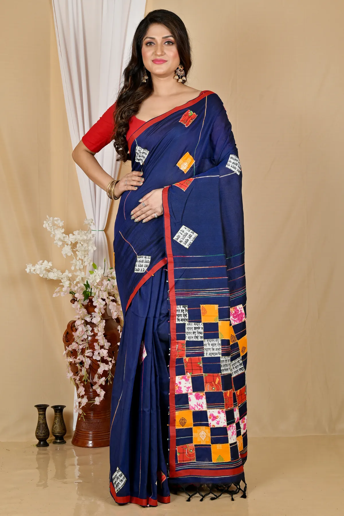 DipDiya Pure Cotton Naby Blue Aplika Tanu Crafted with Soul Applique Sarees