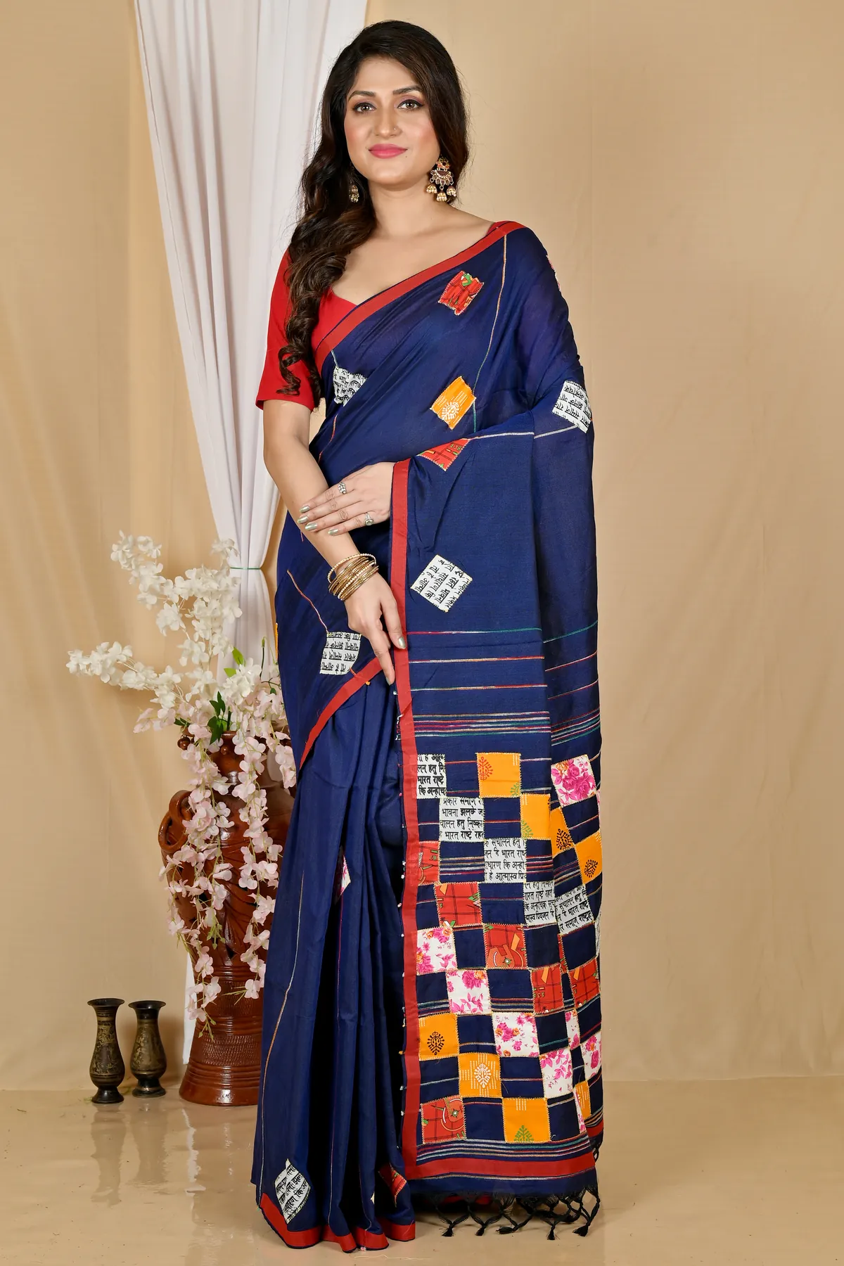 DipDiya Pure Cotton Naby Blue Aplika Tanu Crafted with Soul Applique Sarees