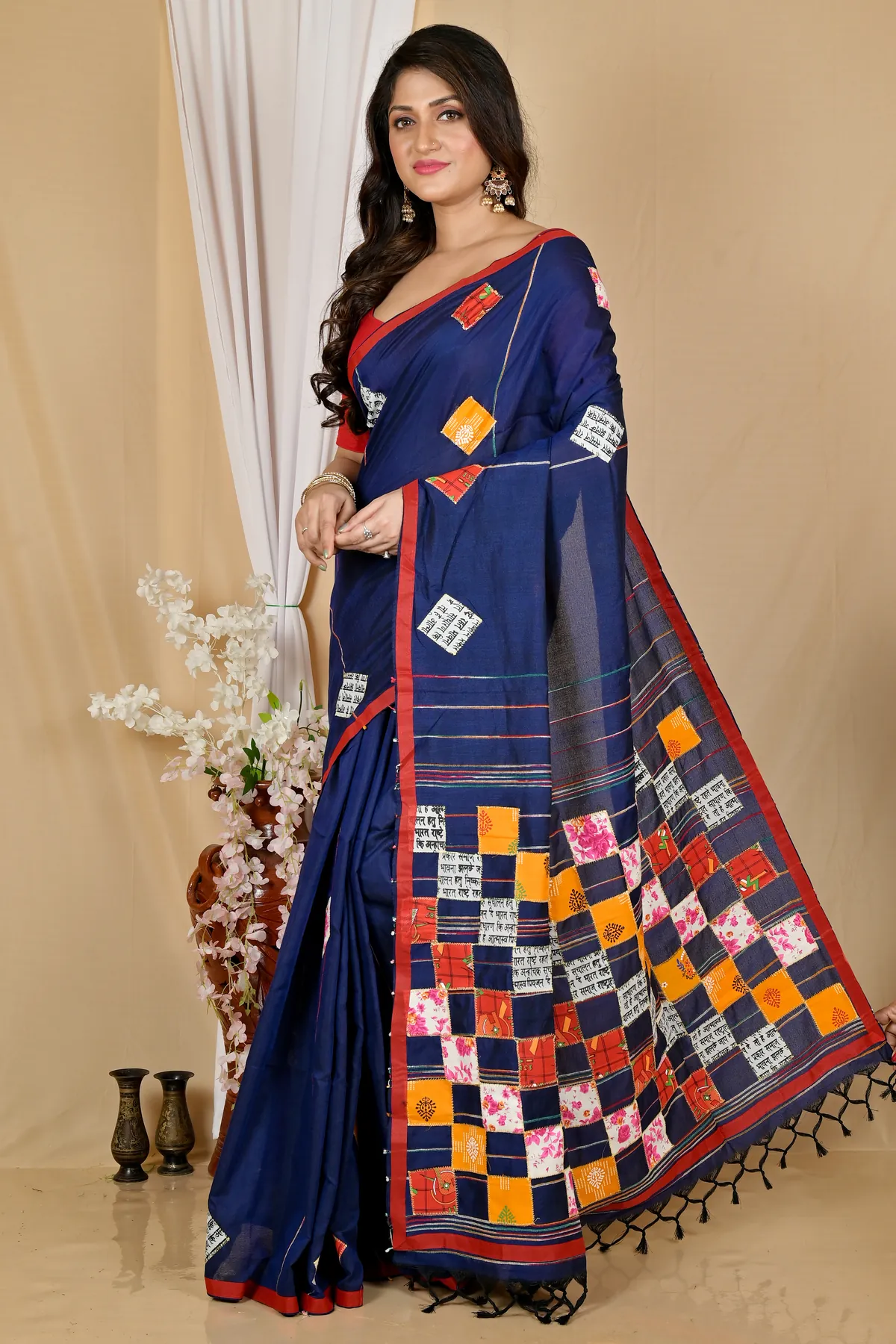 DipDiya Pure Cotton Naby Blue Aplika Tanu Crafted with Soul Applique Sarees