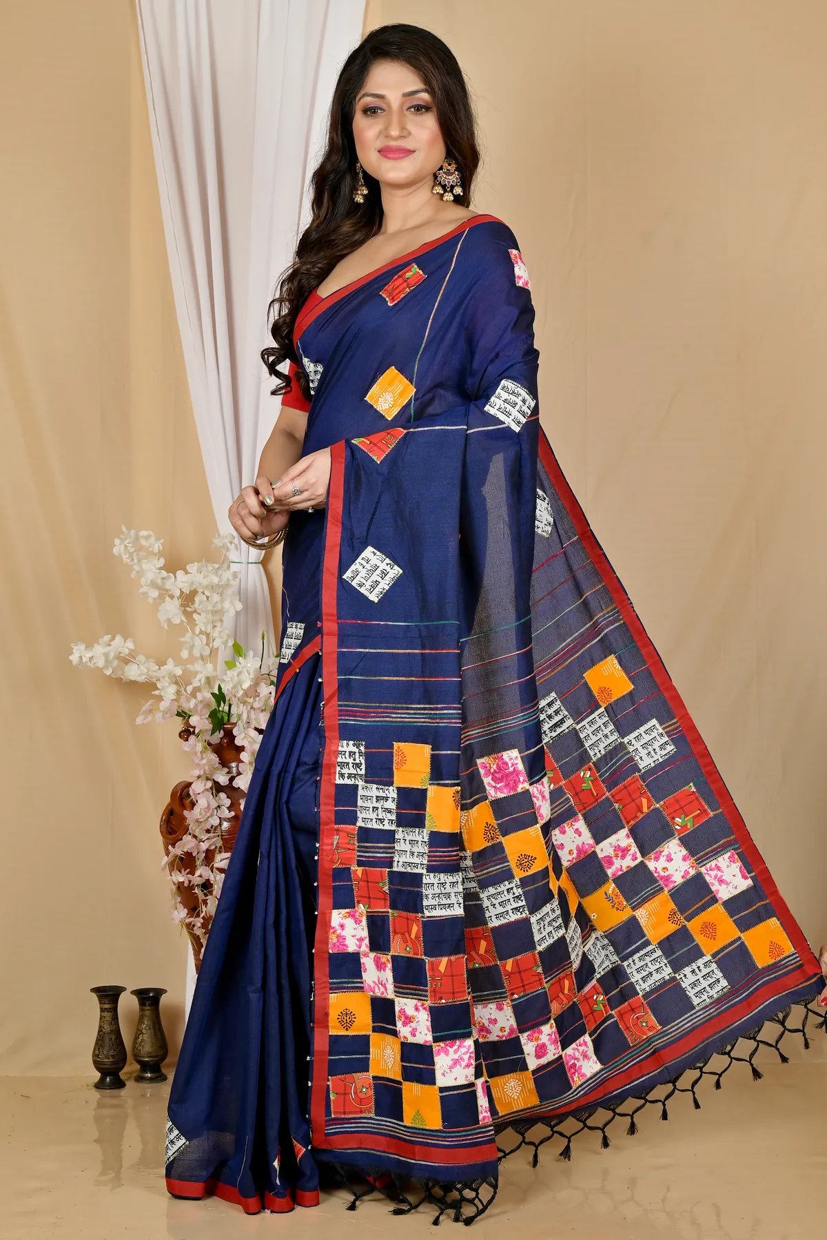 DipDiya Pure Cotton Naby Blue Aplika Tanu Crafted with Soul Applique Sarees