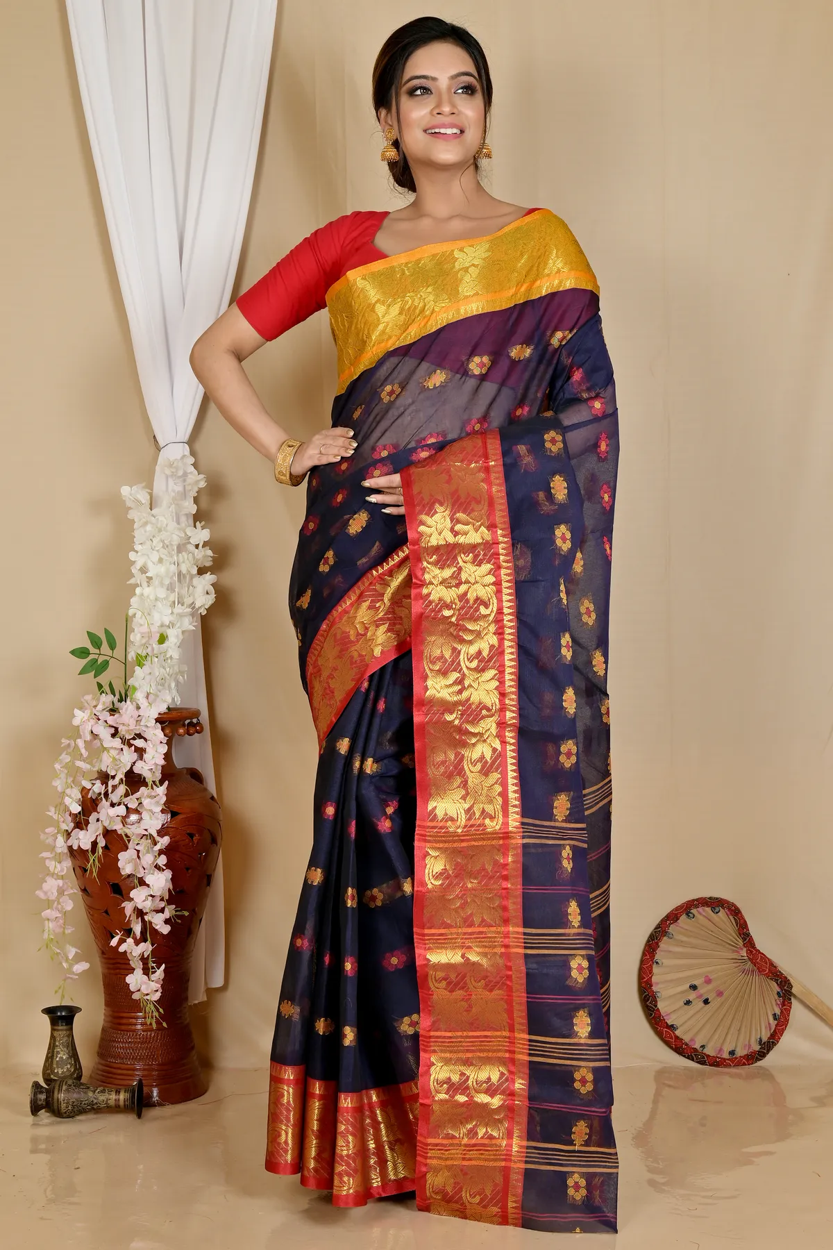 DipDiya Pure Cotton Naby Blue Dui Has Woven with Love Tant Sarees