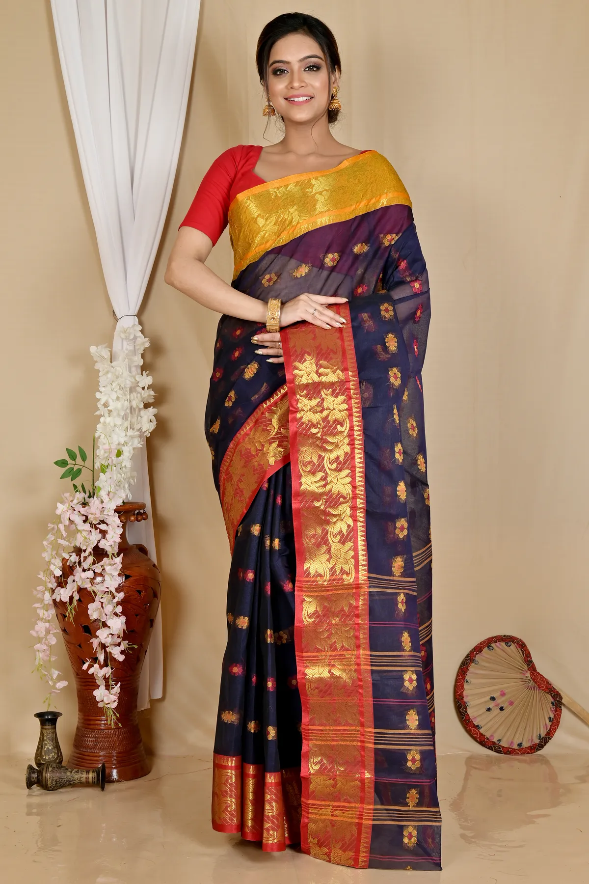 DipDiya Pure Cotton Naby Blue Dui Has Woven with Love Tant Sarees