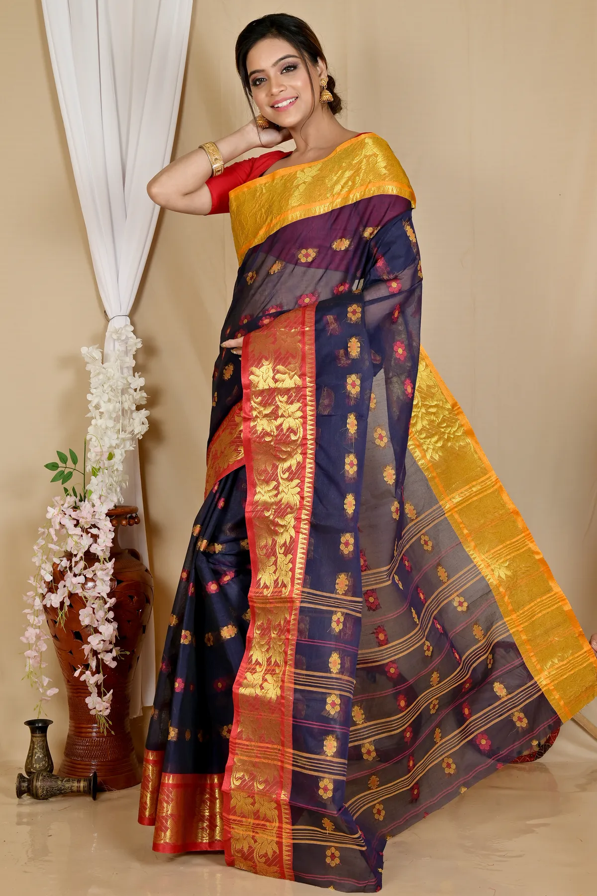 DipDiya Pure Cotton Naby Blue Dui Has Woven with Love Tant Sarees