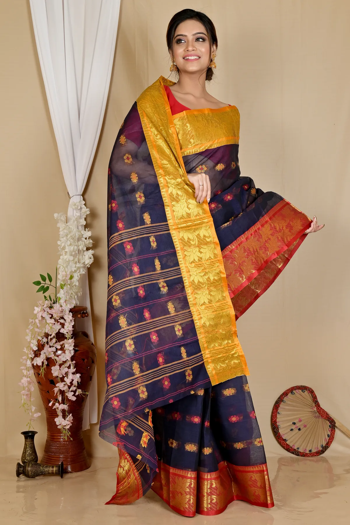 DipDiya Pure Cotton Naby Blue Dui Has Woven with Love Tant Sarees