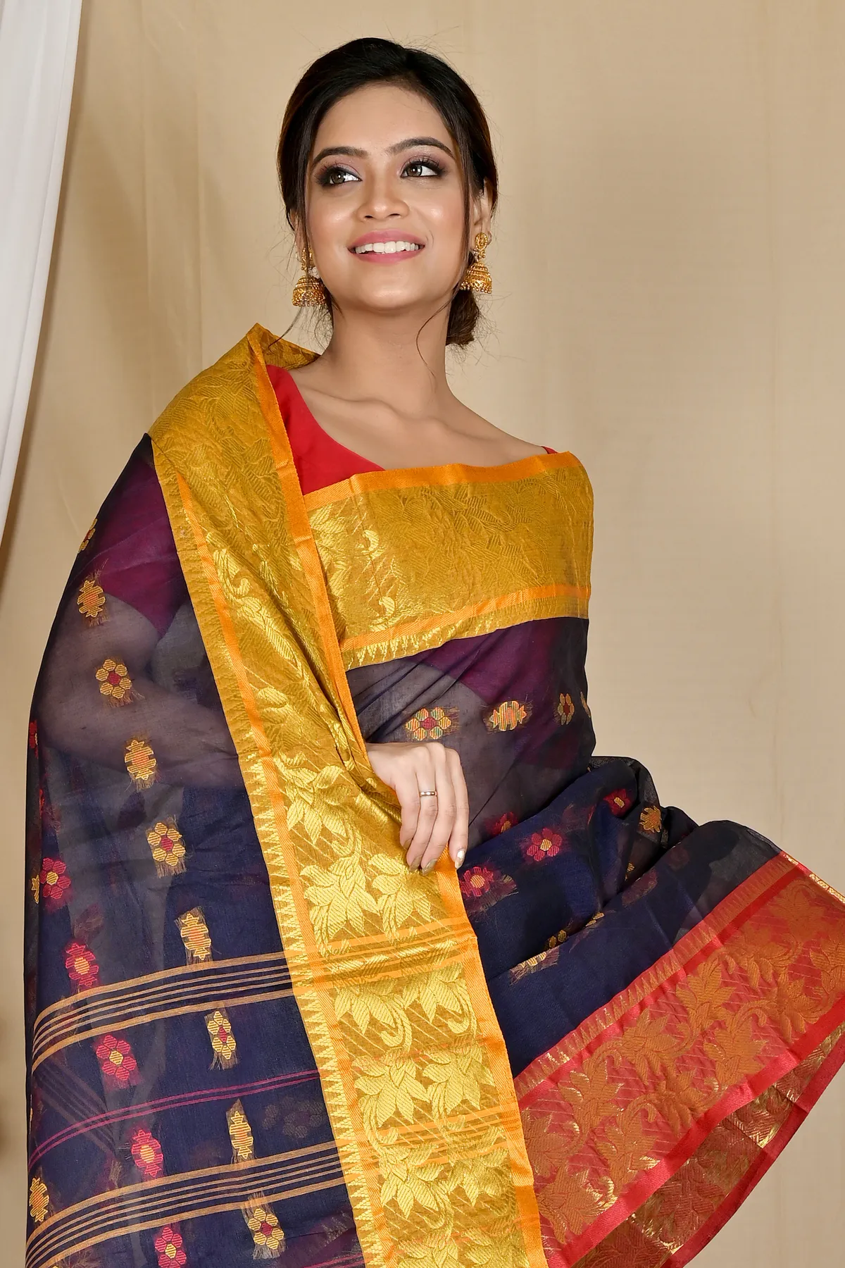 DipDiya Pure Cotton Naby Blue Dui Has Woven with Love Tant Sarees