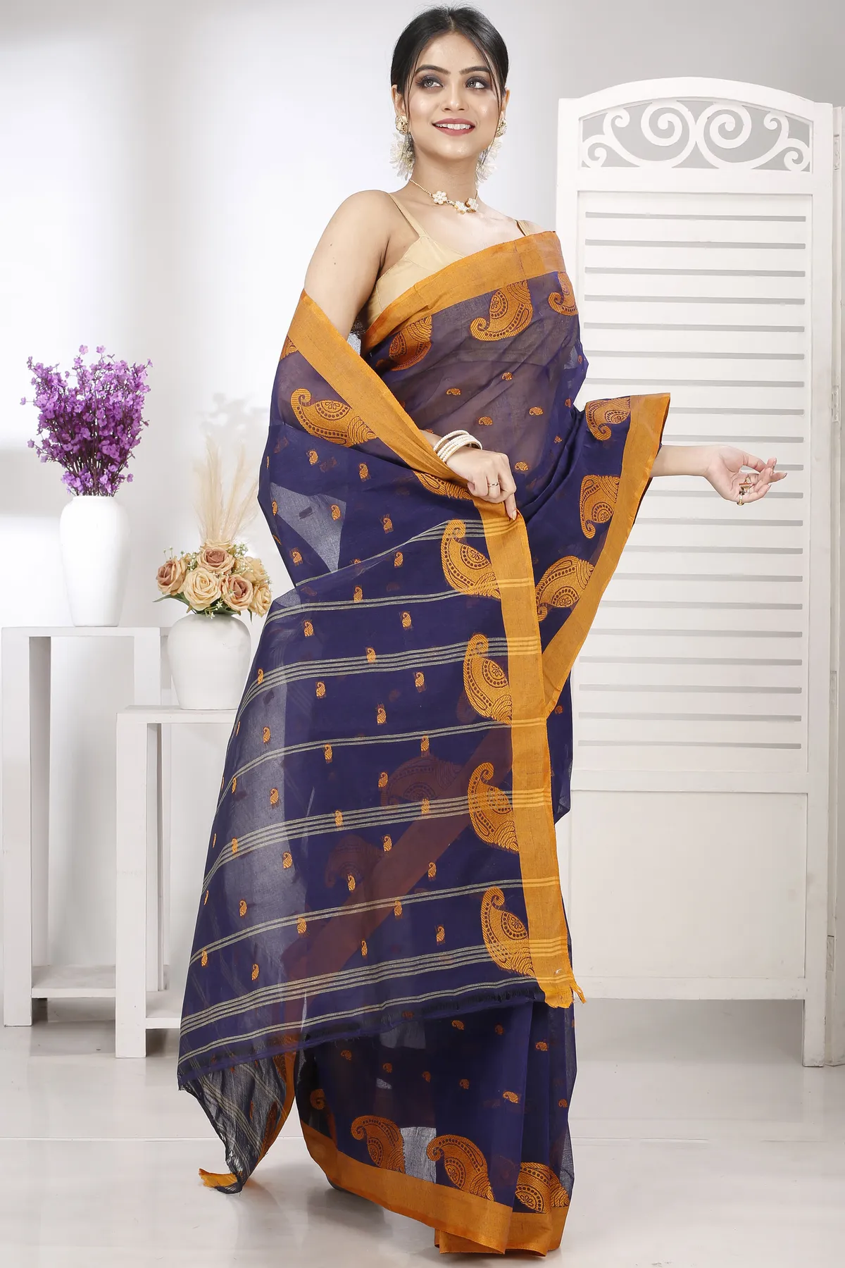 DipDiya Pure Cotton Naby Blue Epto Shonko Handcrafted Elegance Tant Sarees
