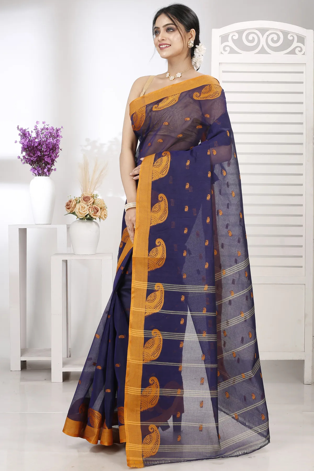 DipDiya Pure Cotton Naby Blue Epto Shonko Handcrafted Elegance Tant Sarees