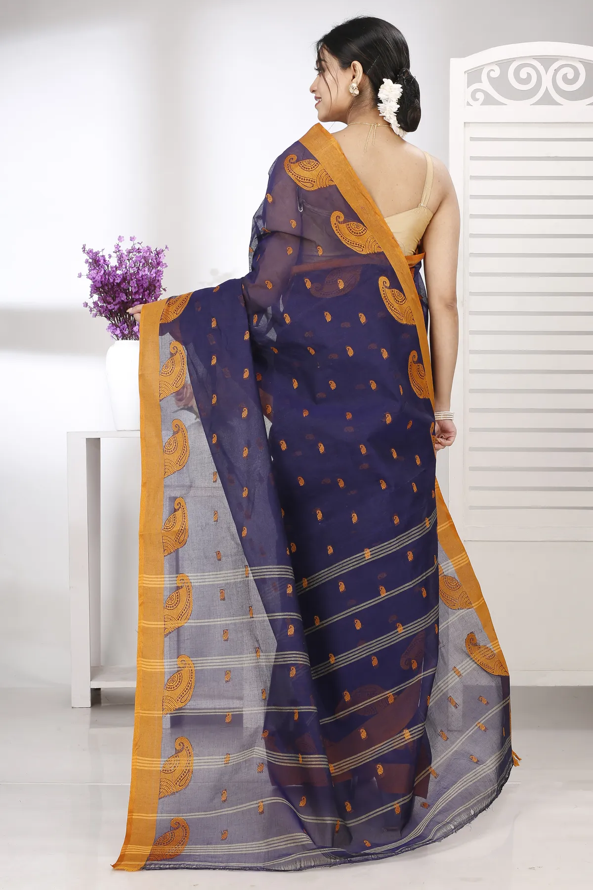 DipDiya Pure Cotton Naby Blue Epto Shonko Handcrafted Elegance Tant Sarees
