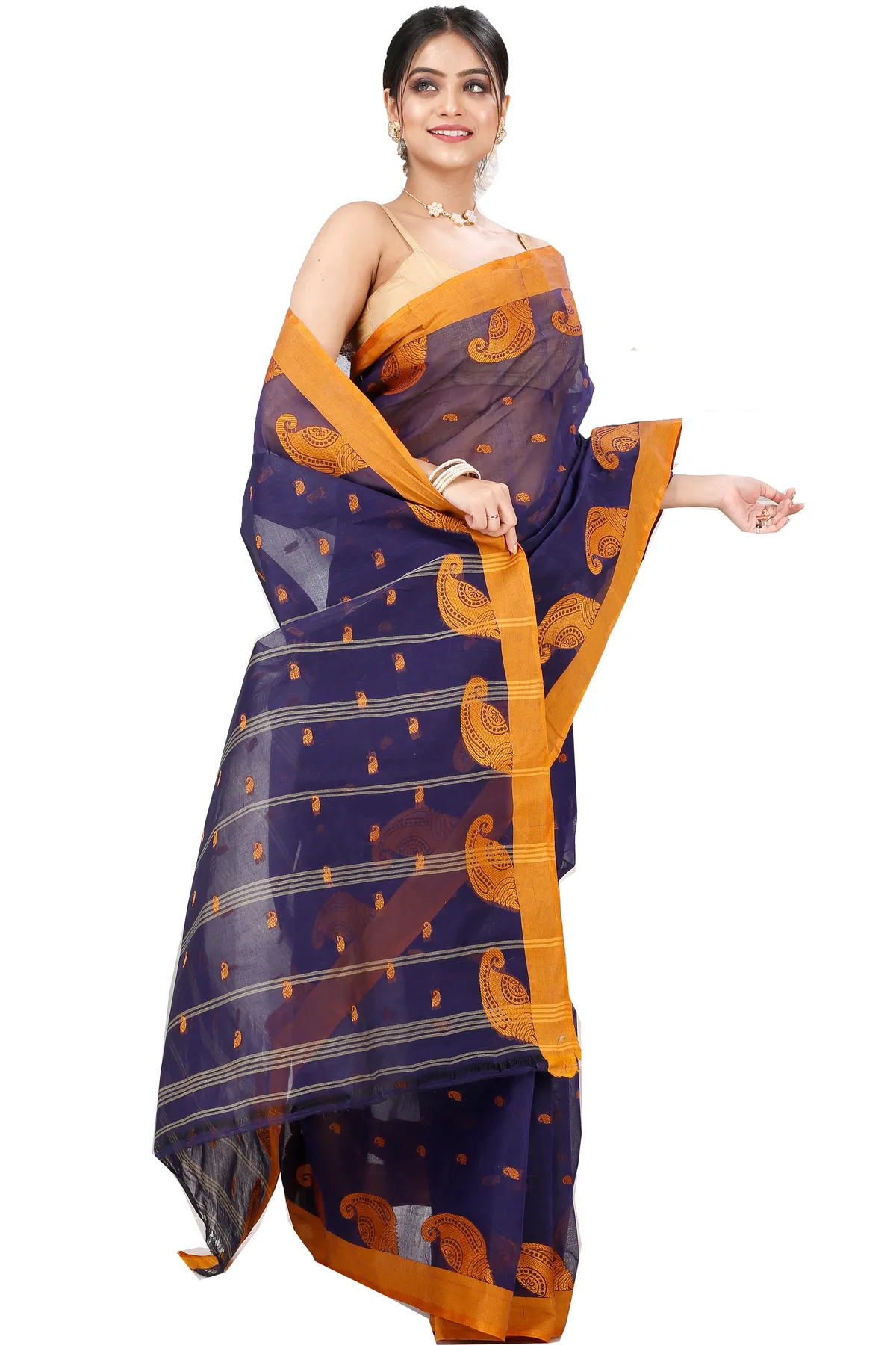 DipDiya Pure Cotton Naby Blue Epto Shonko Handcrafted Elegance Tant Sarees