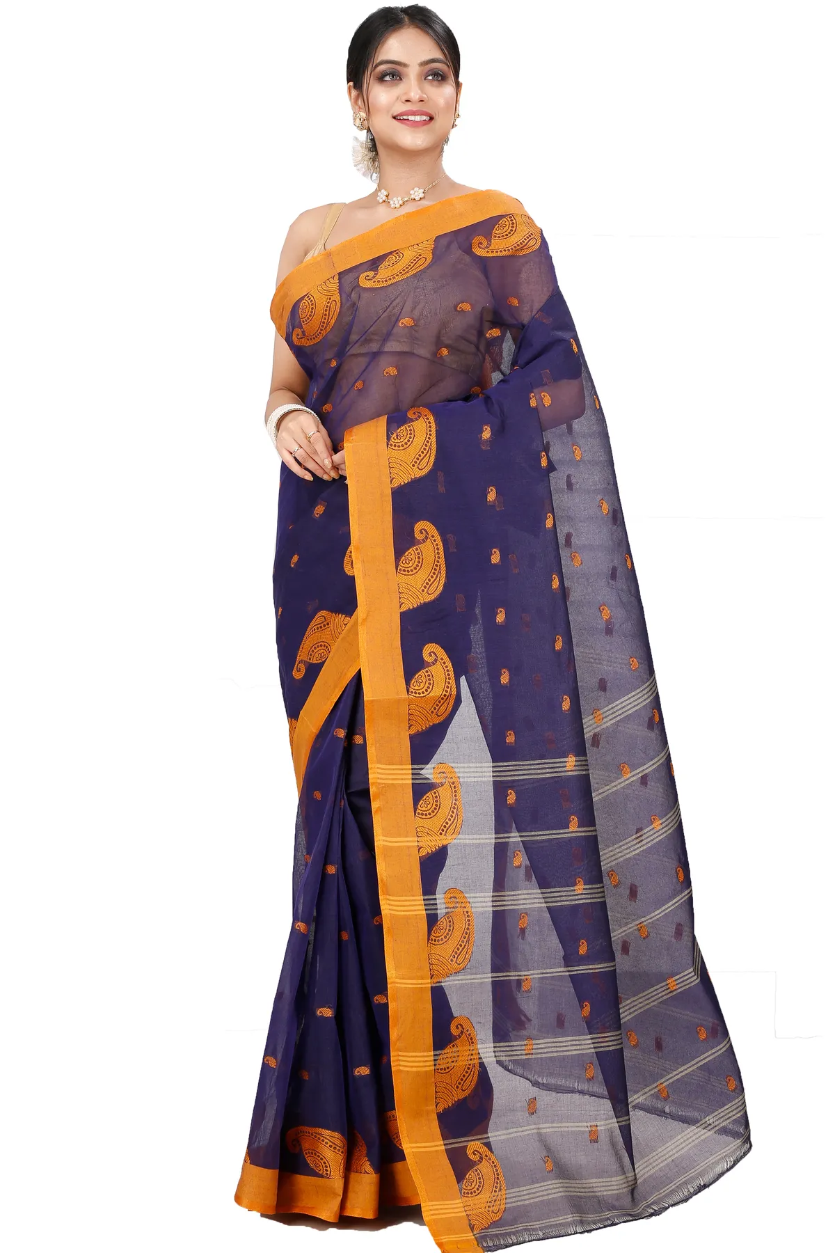 DipDiya Pure Cotton Naby Blue Epto Shonko Handcrafted Elegance Tant Sarees