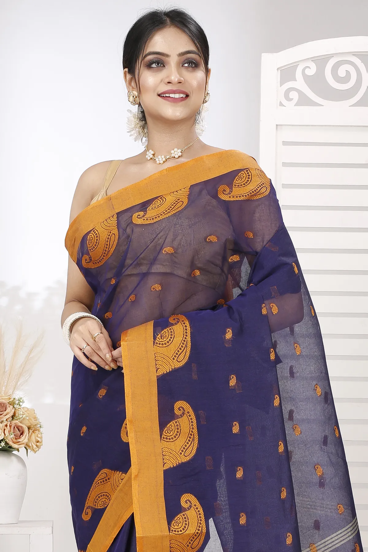 DipDiya Pure Cotton Naby Blue Epto Shonko Handcrafted Elegance Tant Sarees