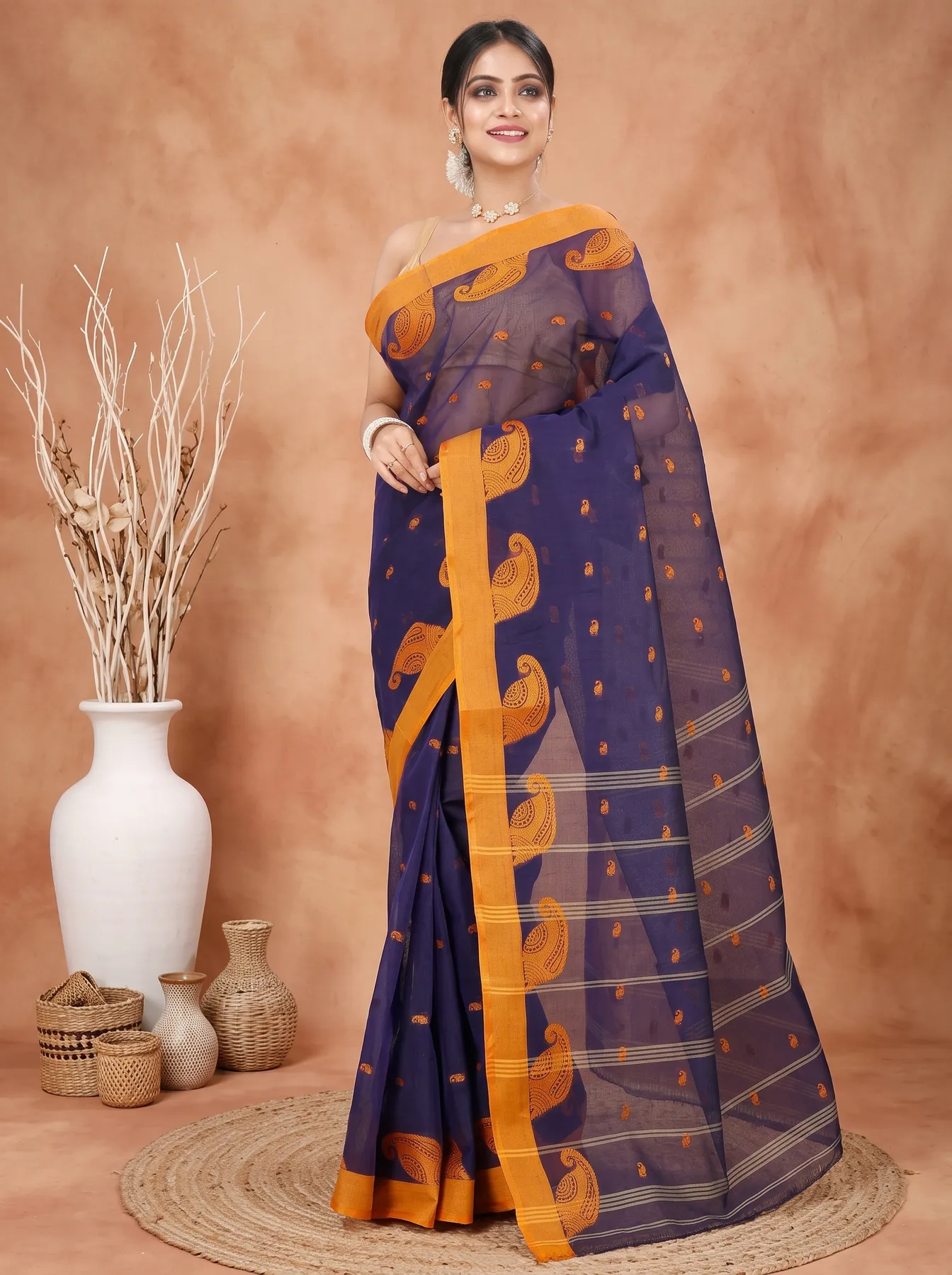 DipDiya Pure Cotton Naby Blue Epto Shonko Handcrafted Elegance Tant Sarees