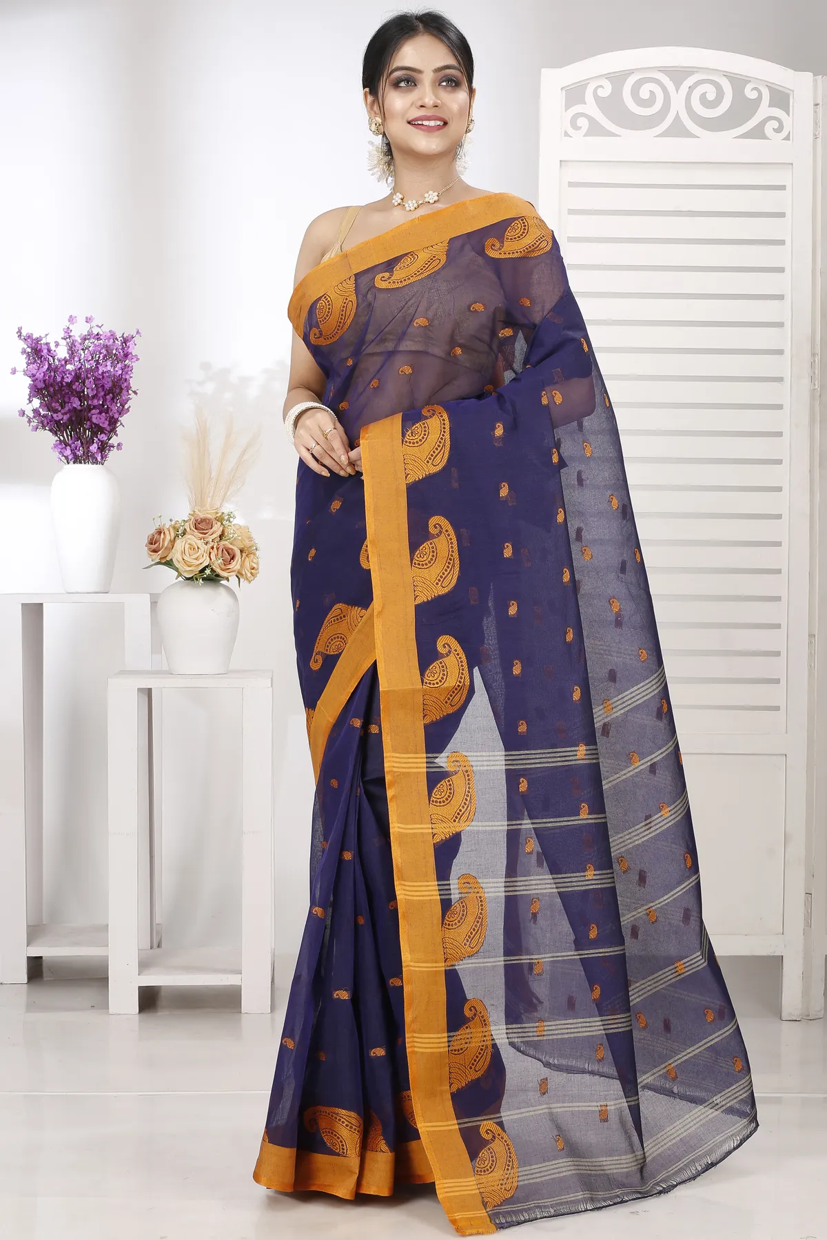 DipDiya Pure Cotton Naby Blue Epto Shonko Handcrafted Elegance Tant Sarees
